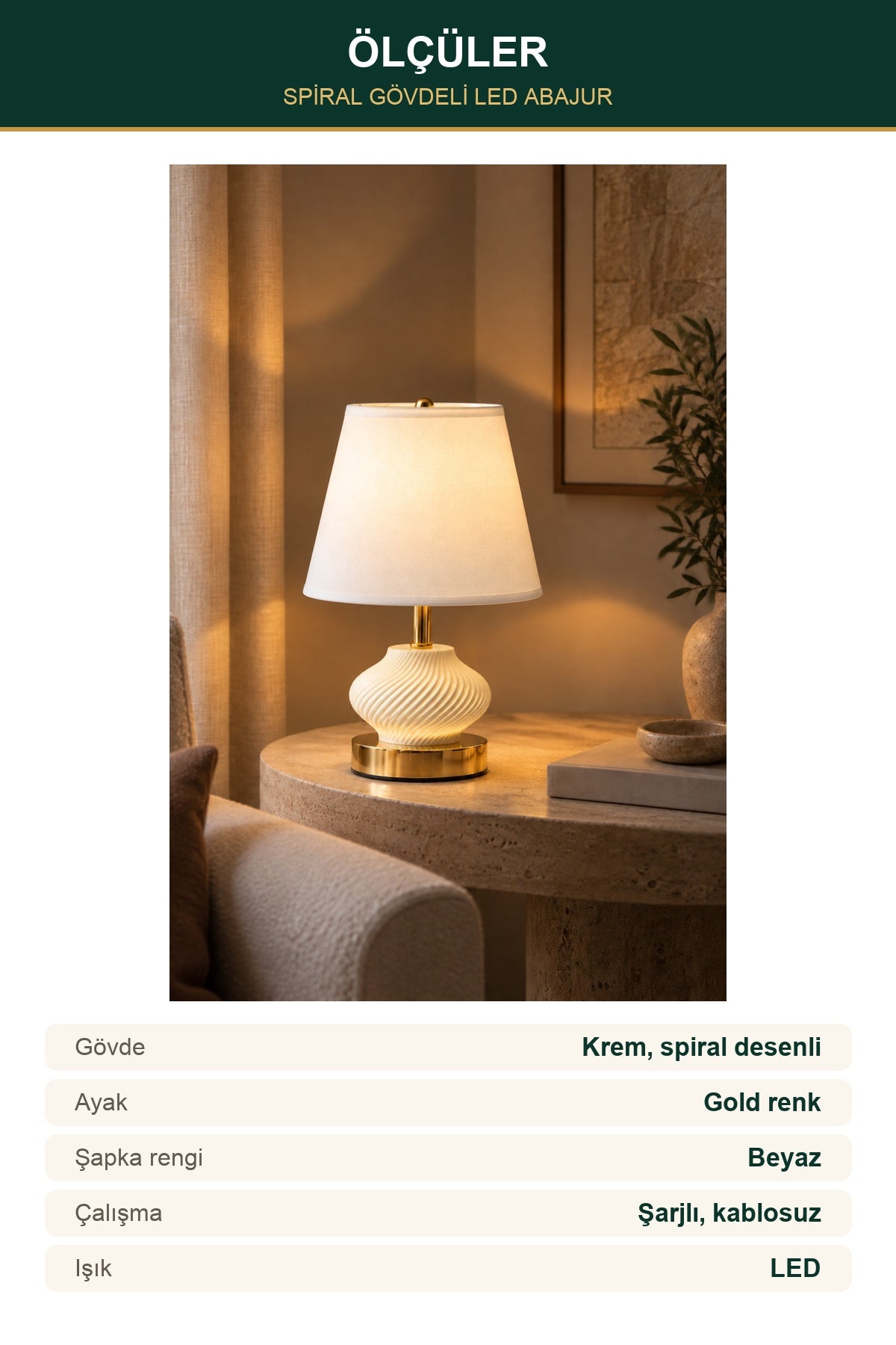 Şarjlı Dekoratif LED Abajur Spiral Gövdeli Gold Ayaklı Beyaz Şapka