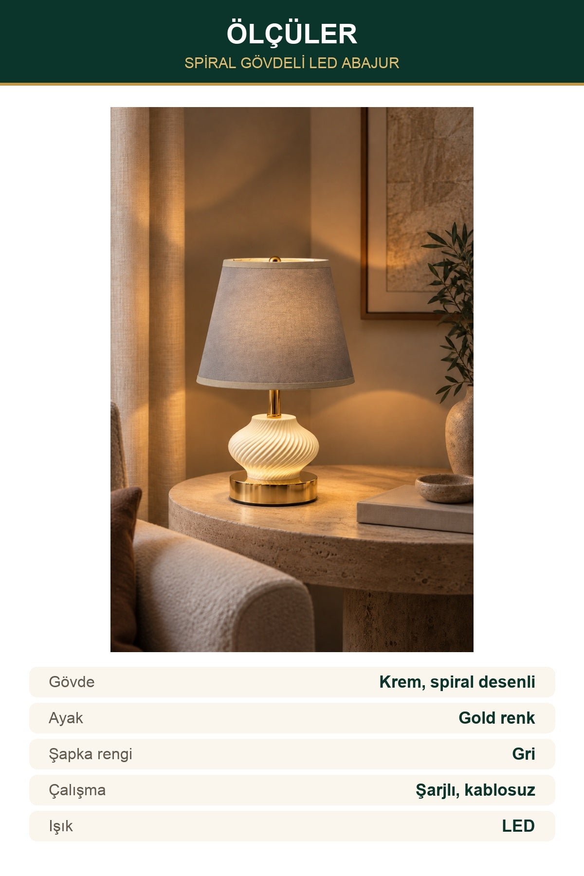 Şarjlı Dekoratif LED Abajur Spiral Gövdeli Gold Ayaklı Gri Şapka