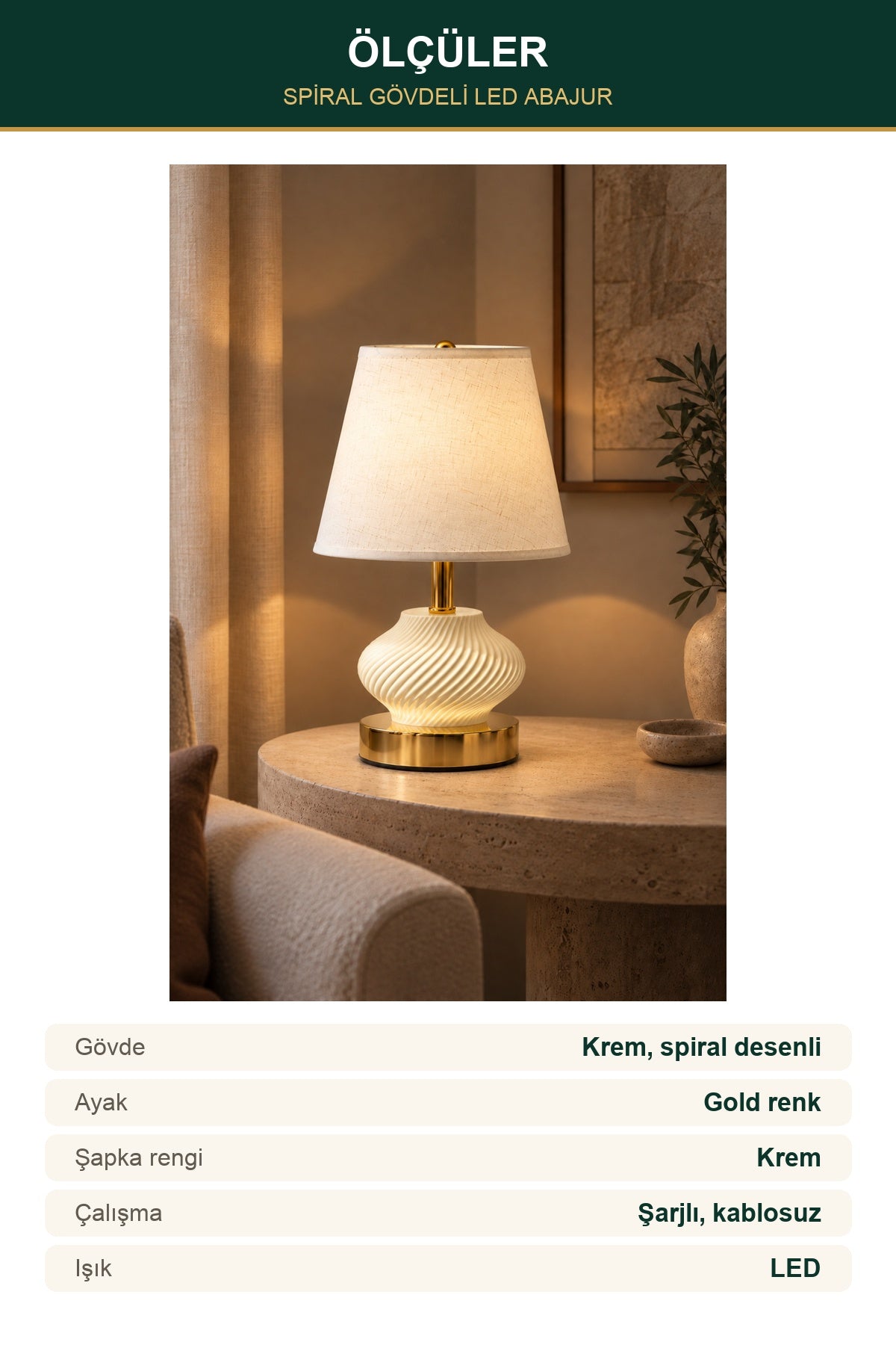 Şarjlı Dekoratif LED Abajur Spiral Gövdeli Gold Ayaklı Krem Şapka