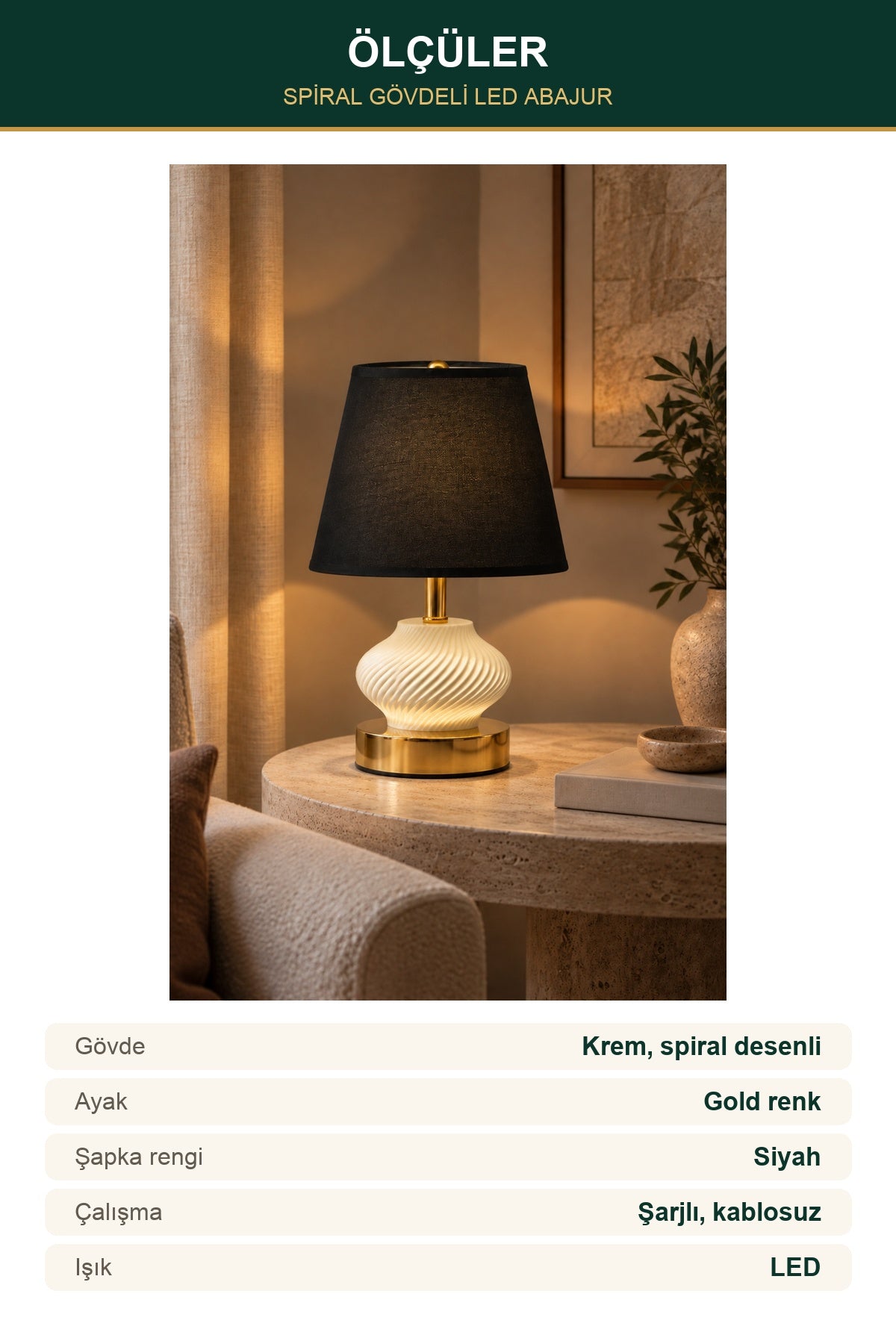 Şarjlı Dekoratif LED Abajur Spiral Gövdeli Gold Ayaklı Siyah Şapka