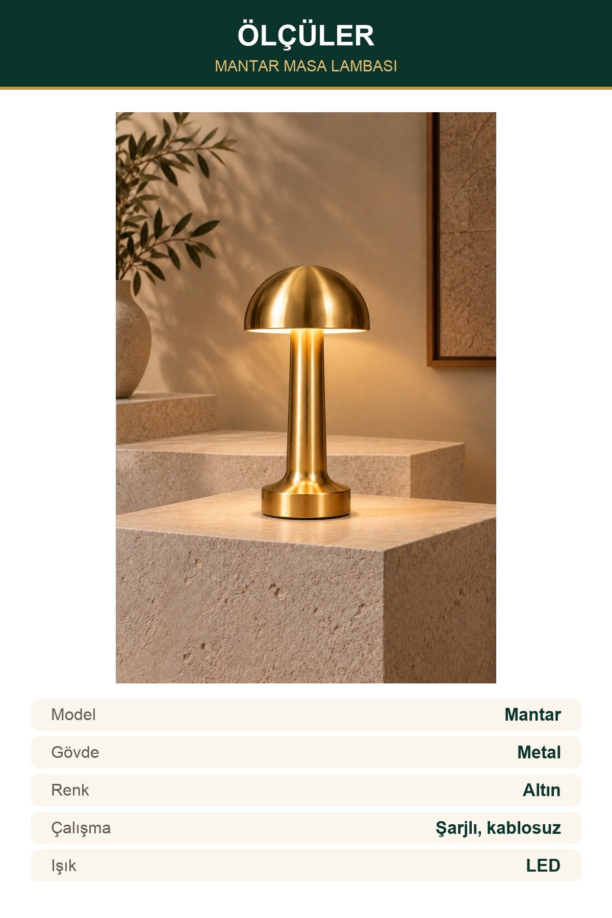 Mantar LED Masa Lambası Metal Gövde Şarjlı Kablosuz Altın