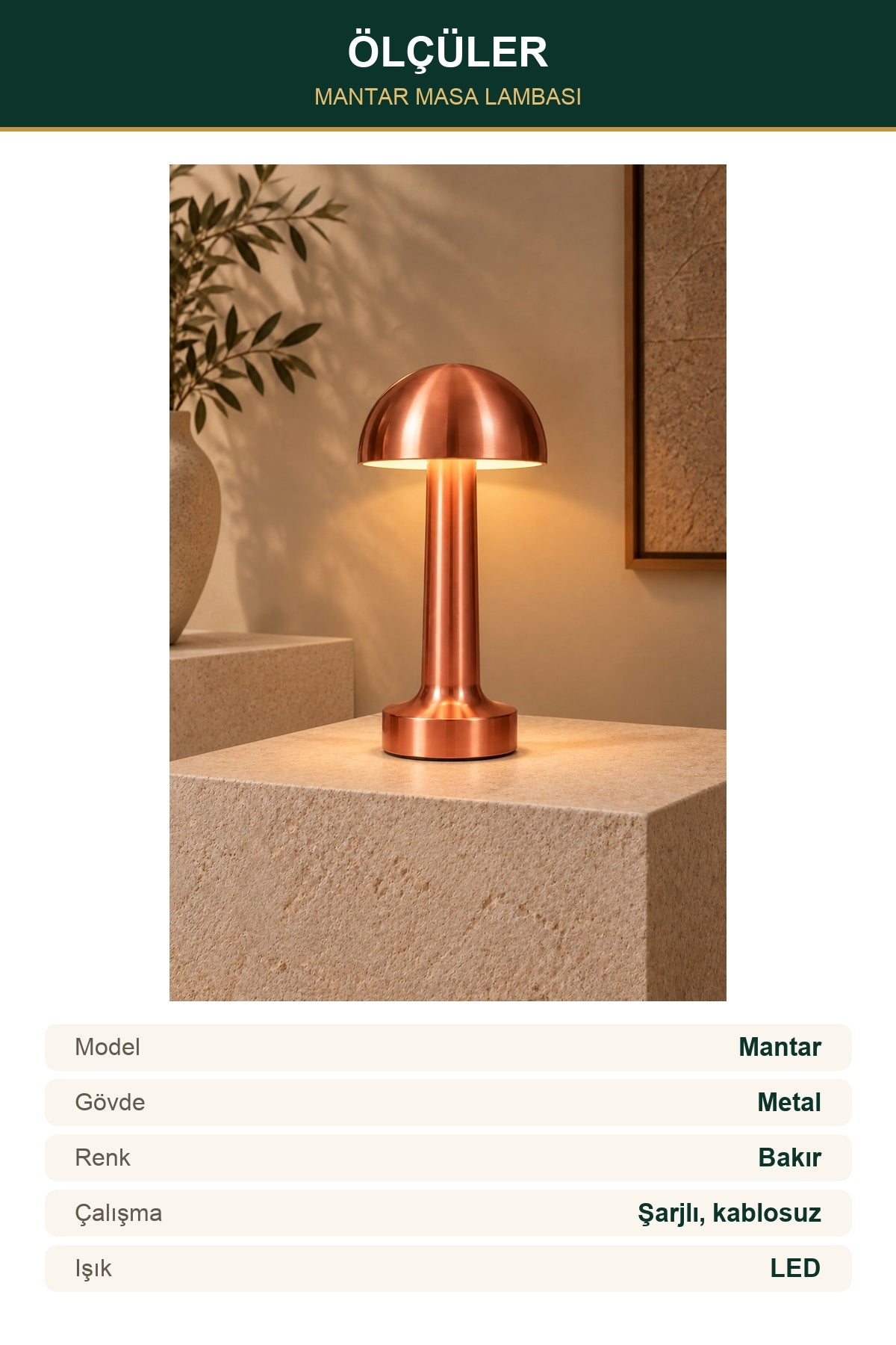 Mantar LED Masa Lambası Metal Gövde Şarjlı Kablosuz Bakır