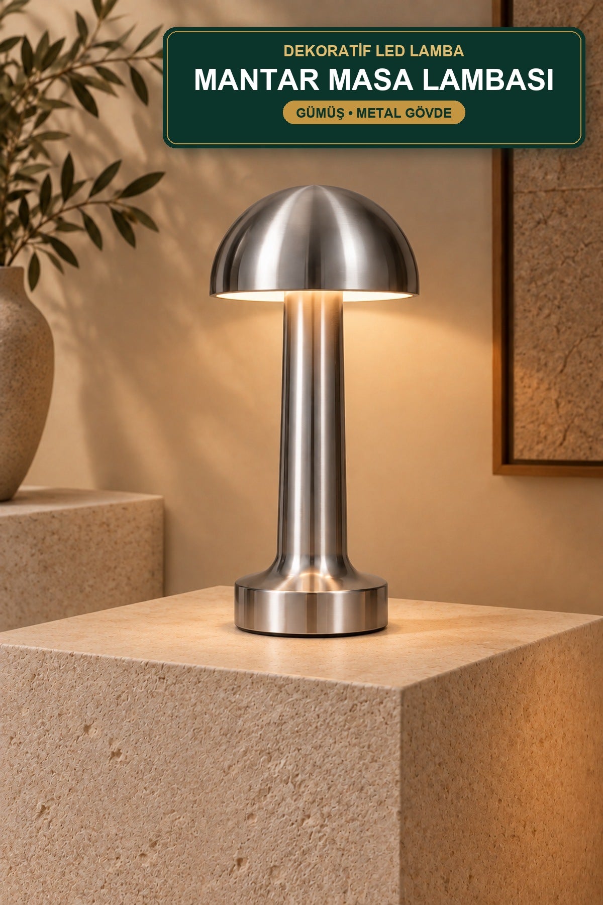 Mantar LED Masa Lambası Metal Gövde Şarjlı Kablosuz Gümüş