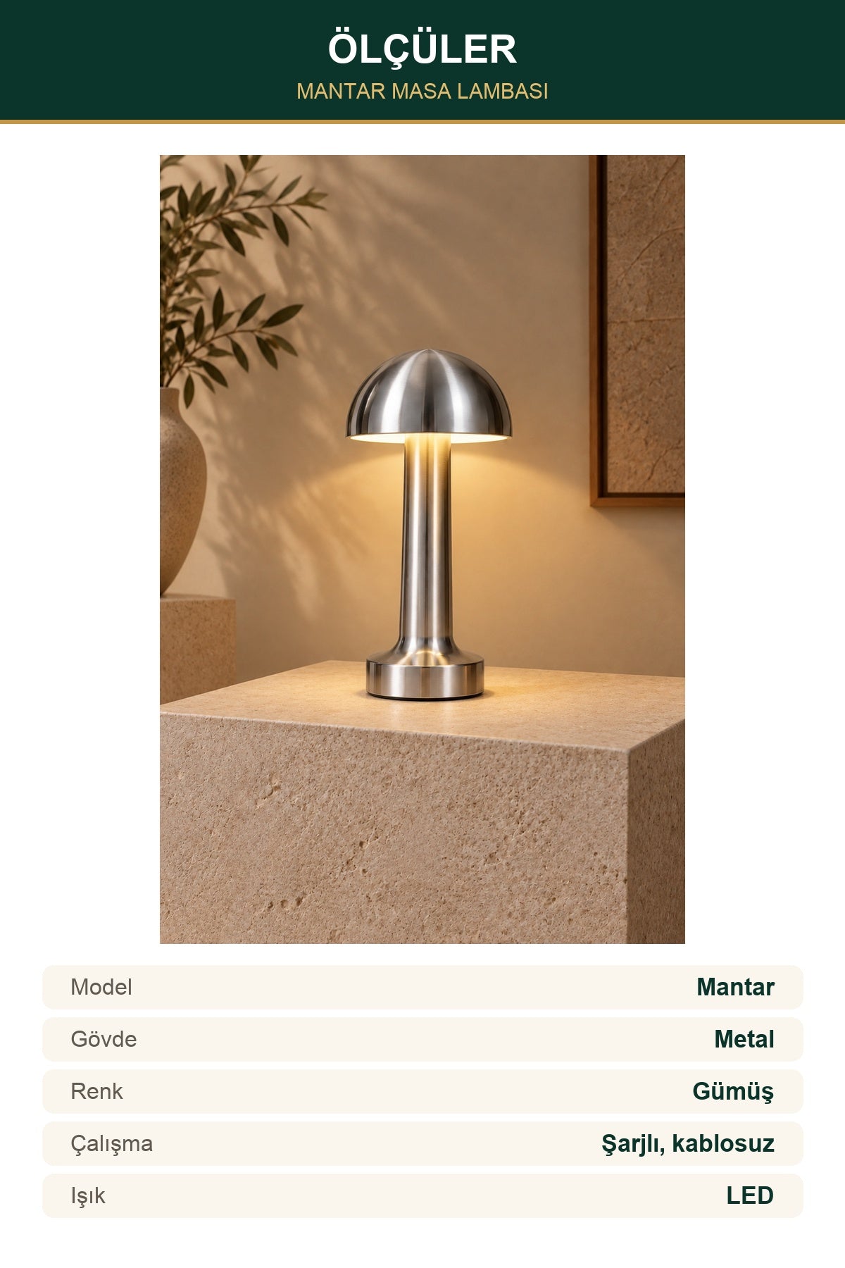 Mantar LED Masa Lambası Metal Gövde Şarjlı Kablosuz Gümüş