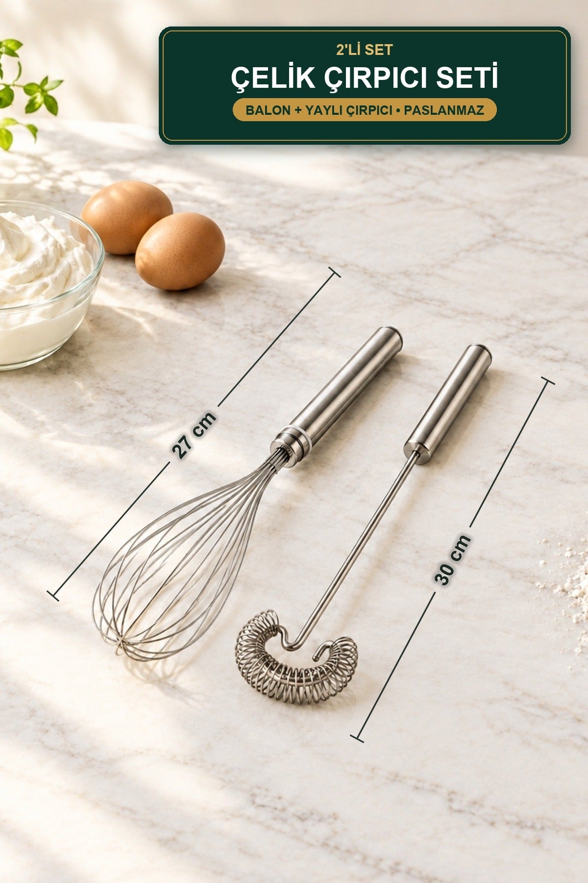 2'li Çelik Çırpıcı Seti 27 cm Balon + 30 cm Yaylı Çırpıcı Yumurta Krem