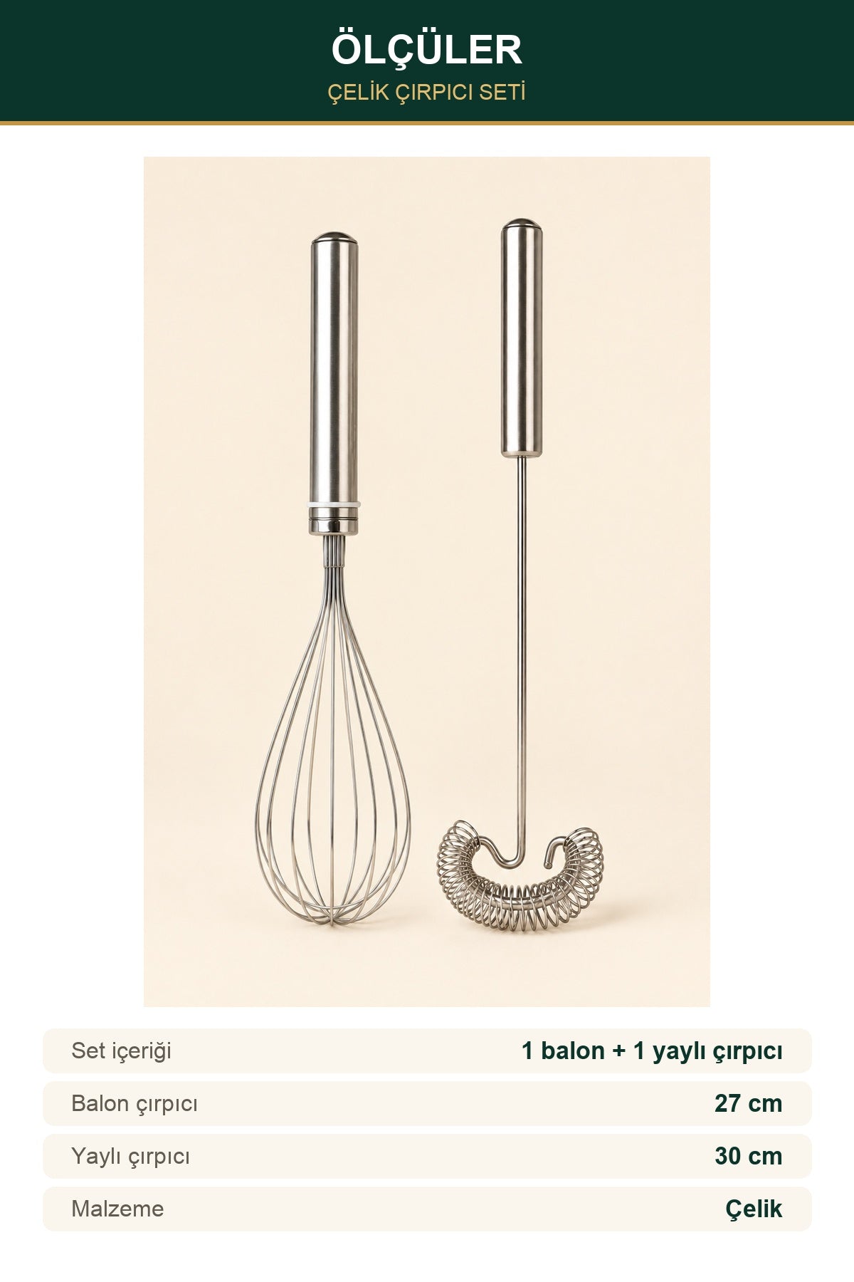 2'li Çelik Çırpıcı Seti 27 cm Balon + 30 cm Yaylı Çırpıcı Yumurta Krem