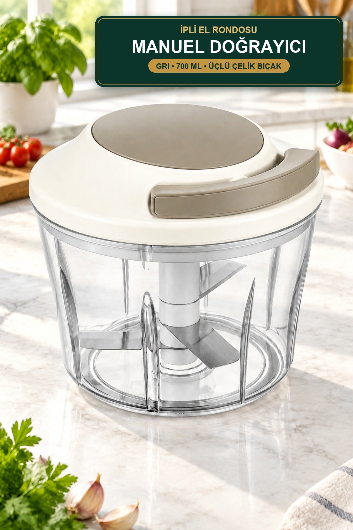 İpli El Rondosu 700 ml Manuel Doğrayıcı Üçlü Çelik Bıçaklı Gri