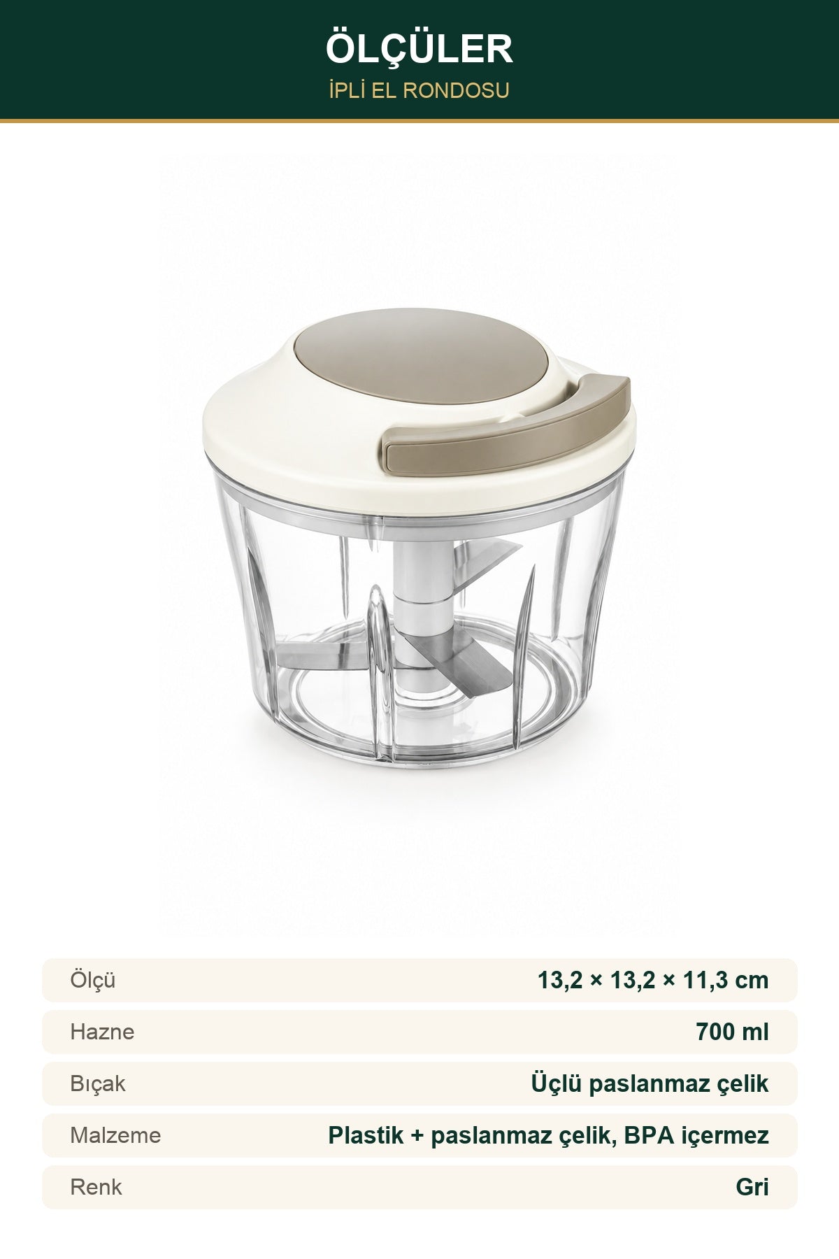 İpli El Rondosu 700 ml Manuel Doğrayıcı Üçlü Çelik Bıçaklı Gri
