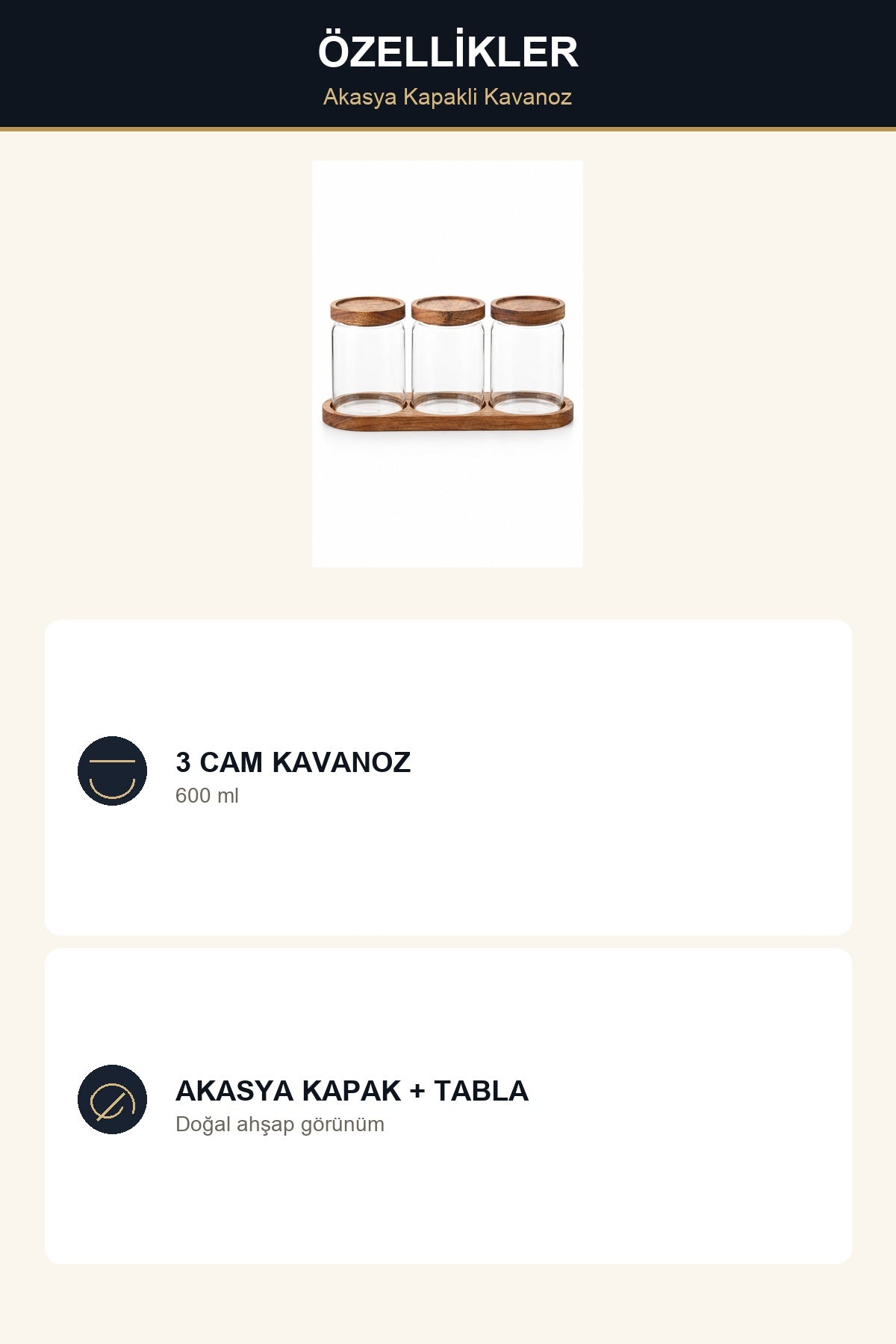 Akasya Kapaklı 3'lü Cam Kavanoz Seti 600 ml Ahşap Tablalı Baharat Kahv