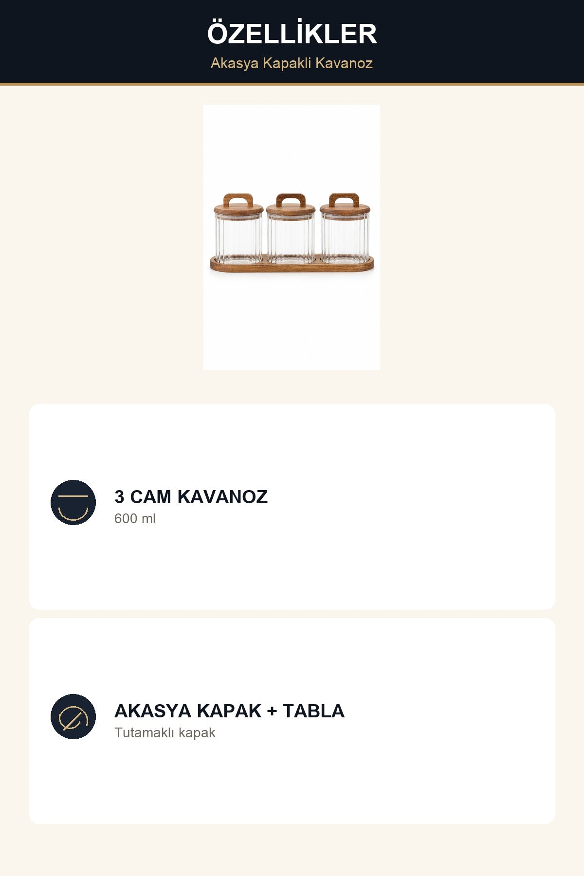 Akasya Kapaklı Cam Kavanoz 3x600 ml Tutamaklı Kapak Ahşap Tablalı Sakl