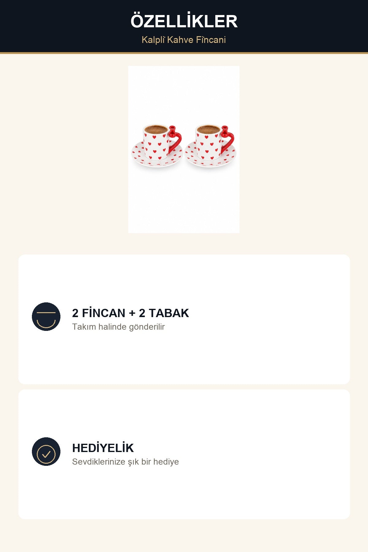 ViraCasa 2'li Kahve Fincanı Takımı Kalp Desenli Kırmızı Kulplu Türk Kahvesi Finc