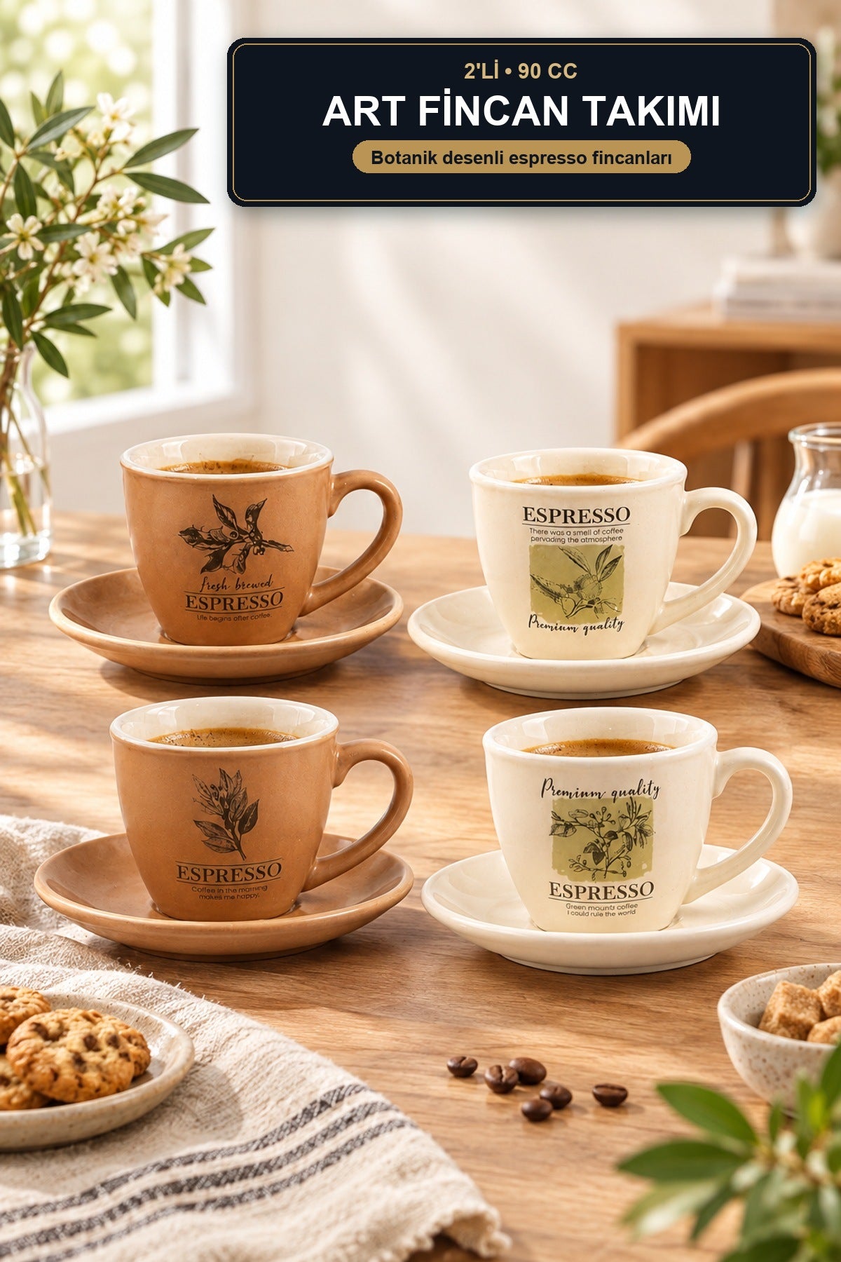 ViraCasa Art 2'li Kahve Fincan Takımı 90 cc Botanik Desenli Espresso Fincanı Des