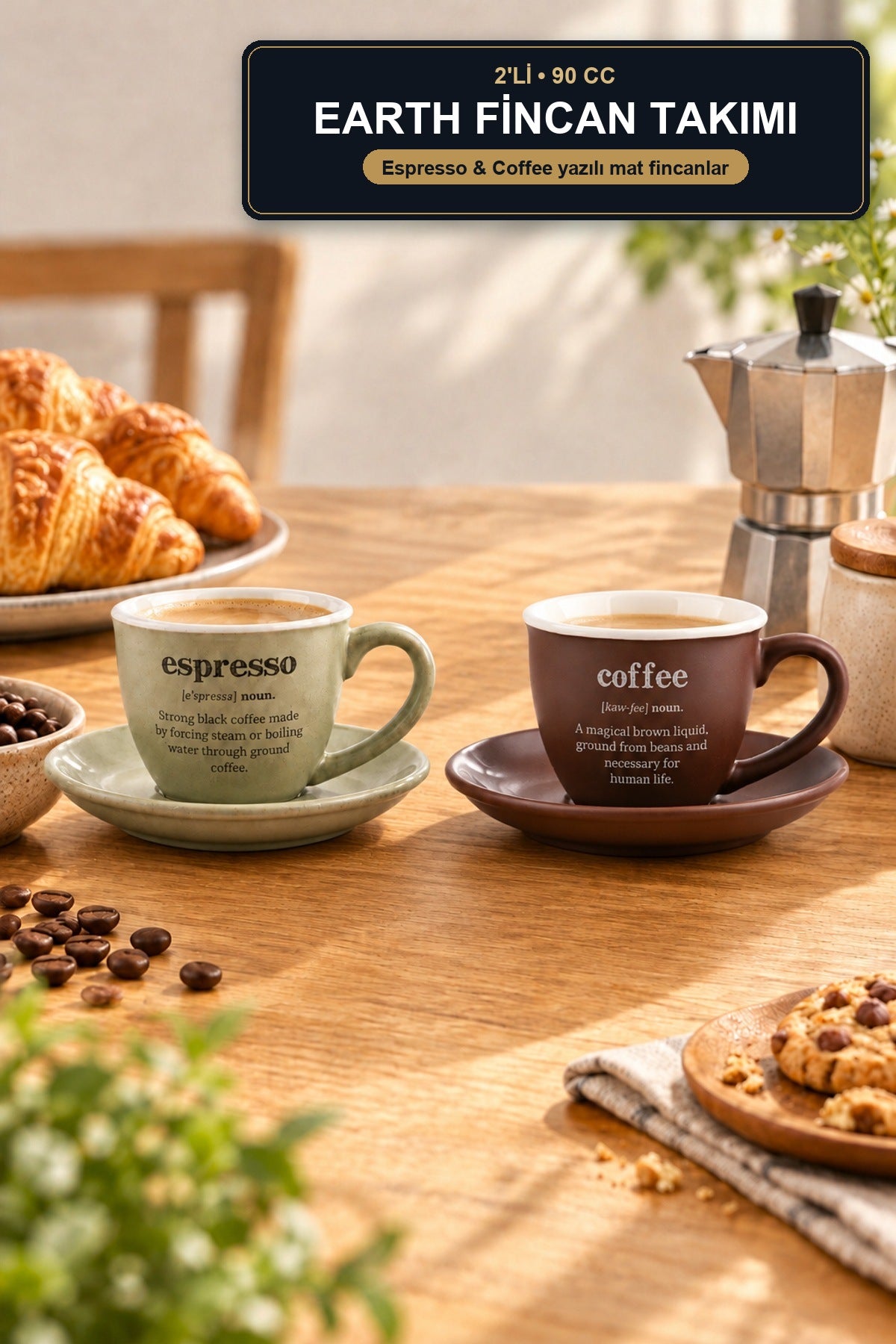 ViraCasa Earth 2'li Kahve Fincan Takımı 90 cc Espresso Fincanı Yazılı Yeşil + Ka