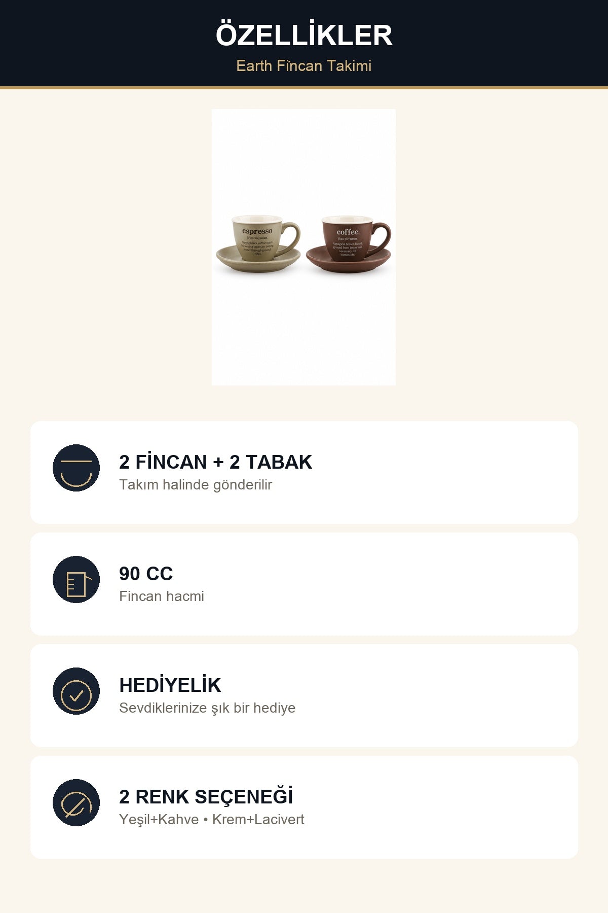 ViraCasa Earth 2'li Kahve Fincan Takımı 90 cc Espresso Fincanı Yazılı Yeşil + Ka