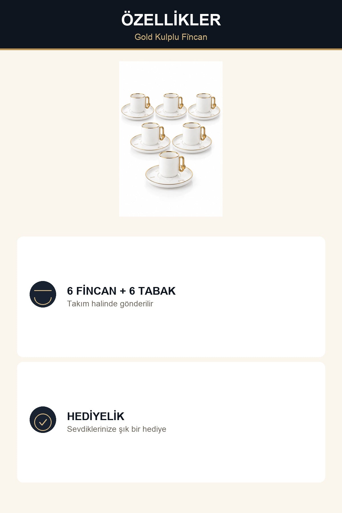 ViraCasa 6'lı Kahve Fincan Takımı Gold Kulplu Beyaz Türk Kahvesi Fincanı Modern