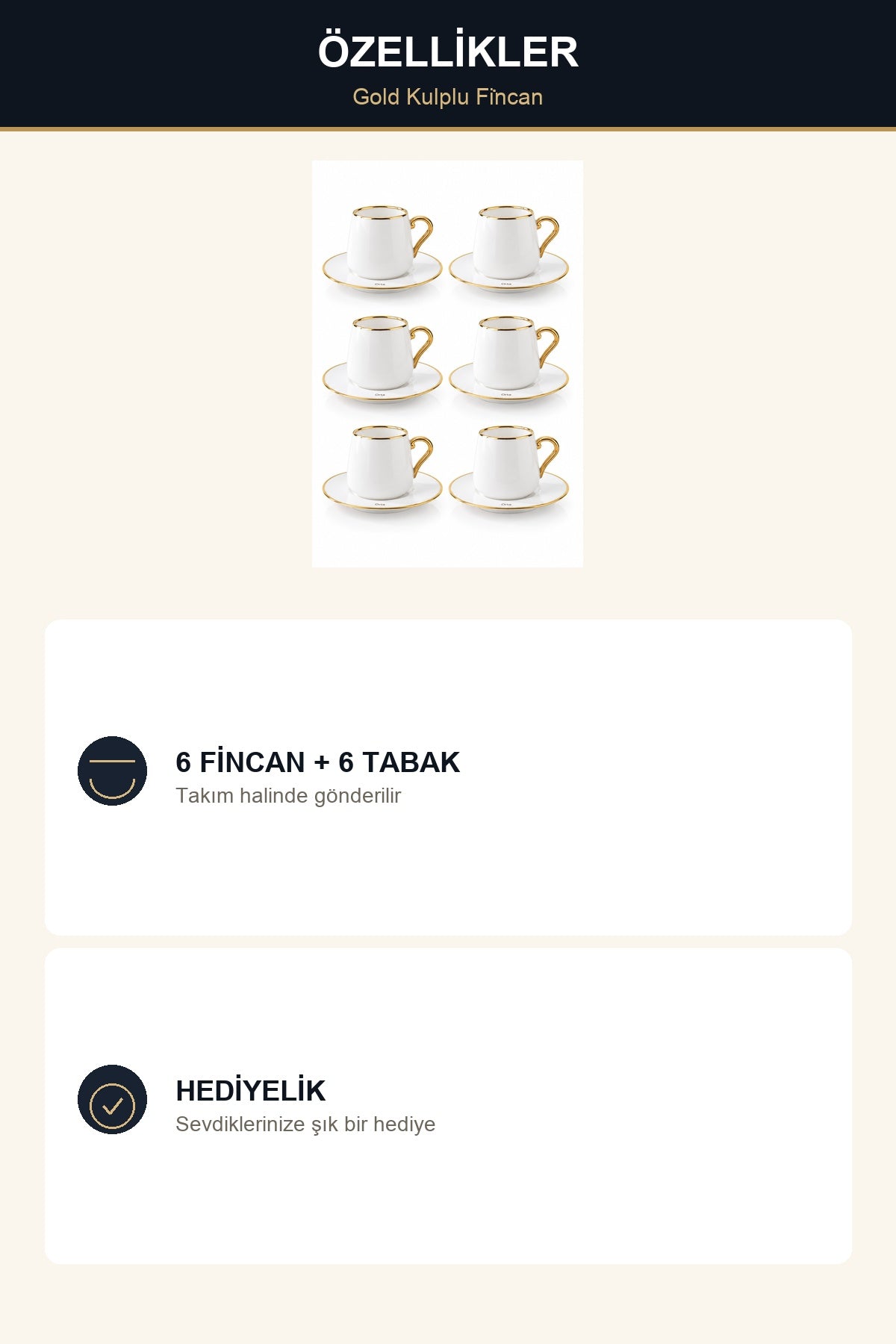 ViraCasa 6'lı Kahve Fincan Takımı Gold Kıvrık Kulplu Beyaz Türk Kahvesi Fincanı