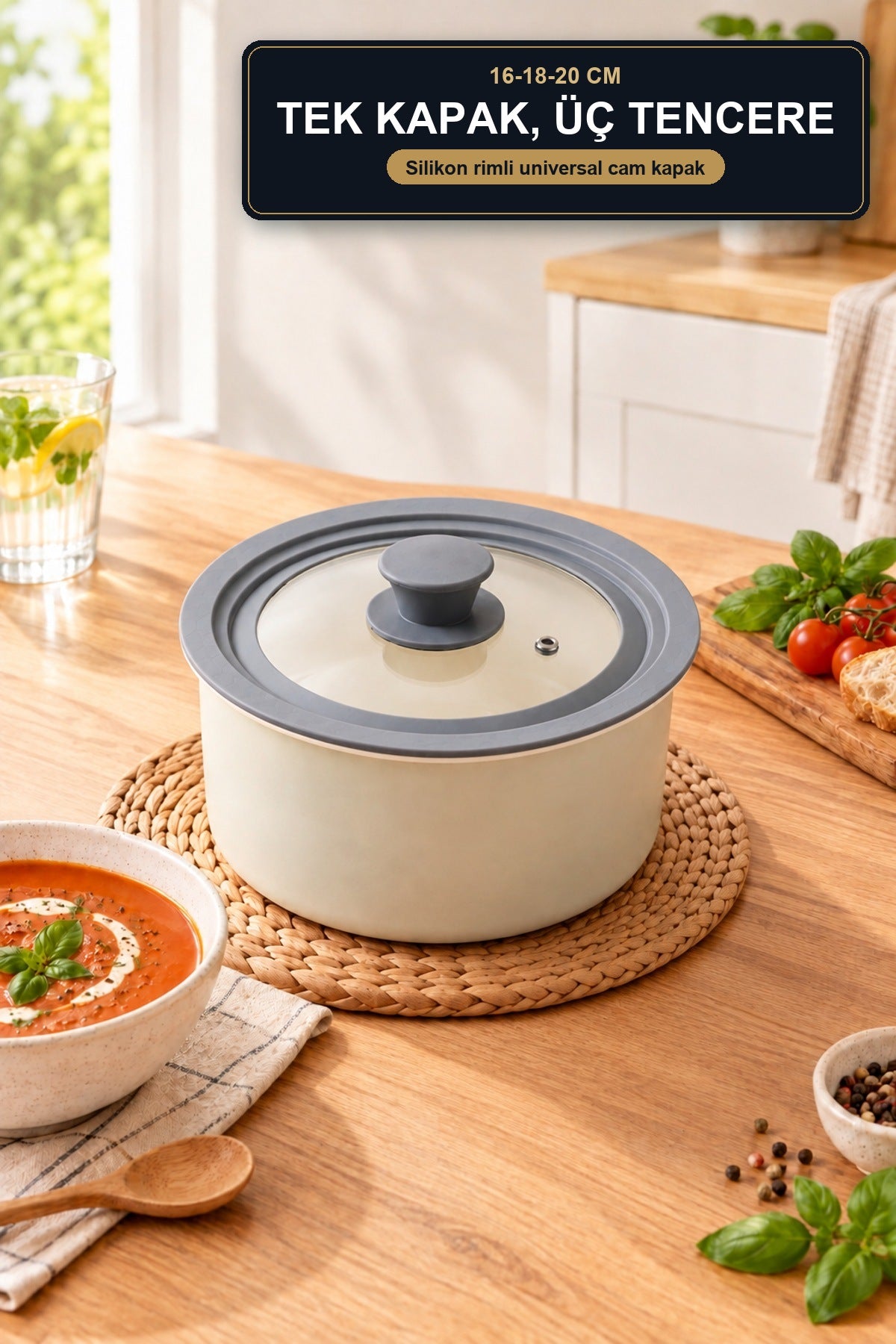 Silikon Rimli Universal Tencere Kapağı 16-18-20 cm Cam Kapak Tek Kapak Gri