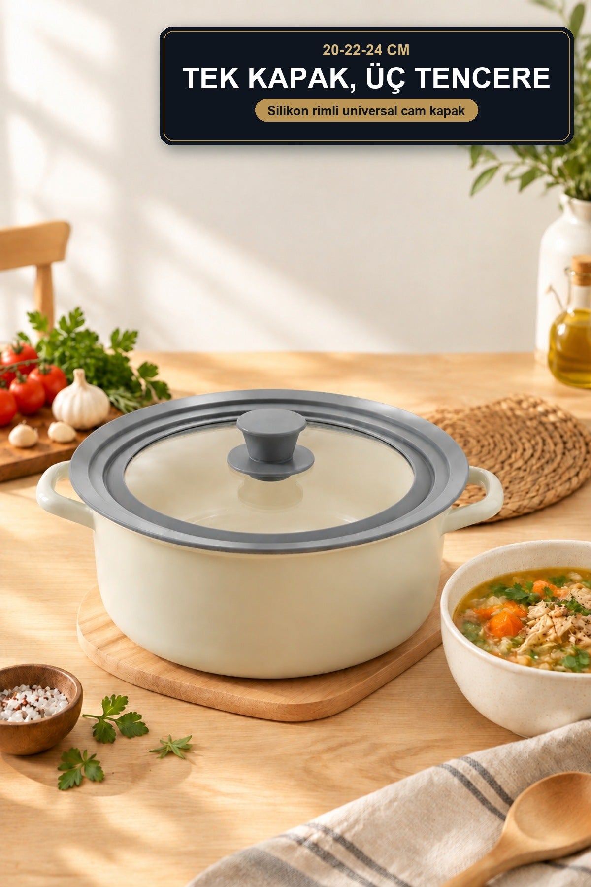Silikon Rimli Universal Tencere Kapağı 20-22-24 cm Cam Kapak Tek Kapak Gri