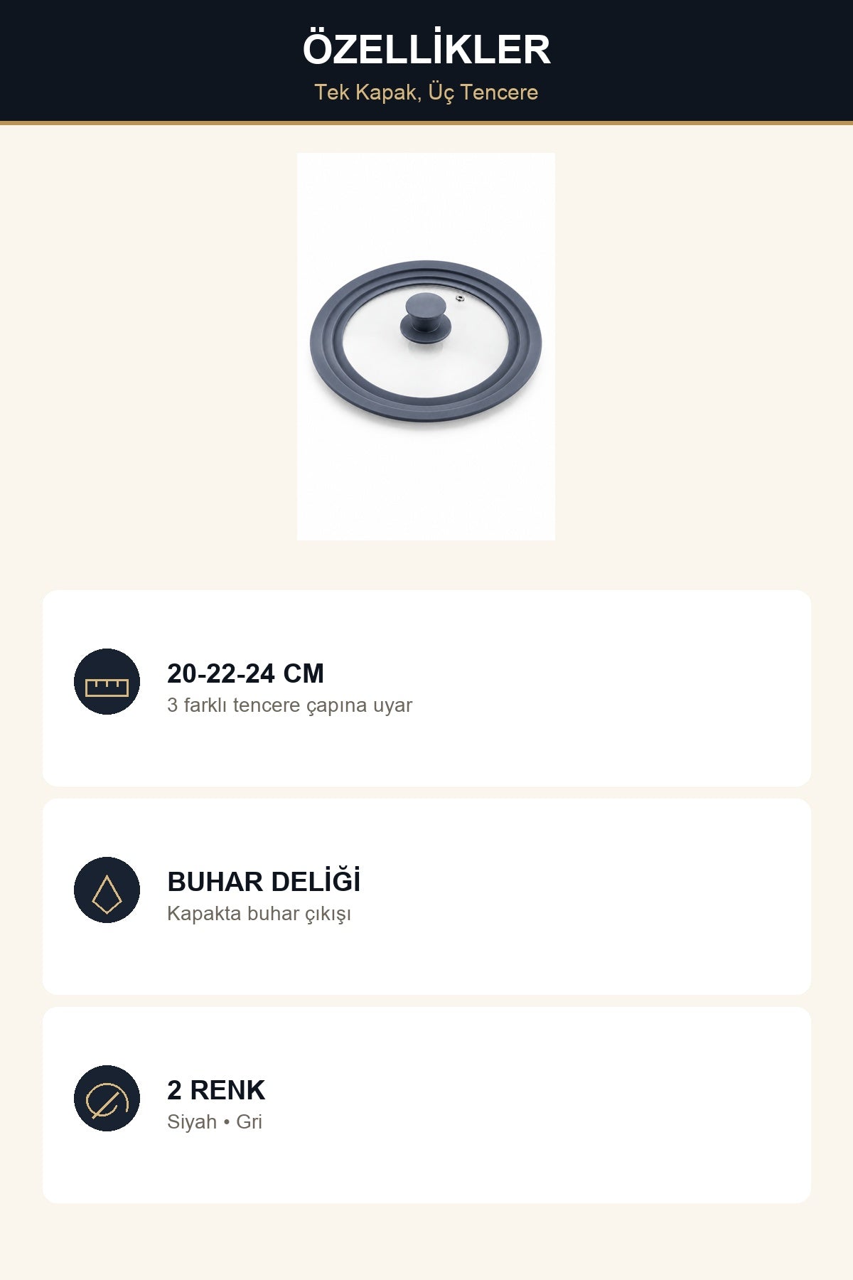 Silikon Rimli Universal Tencere Kapağı 20-22-24 cm Cam Kapak Tek Kapak Siyah