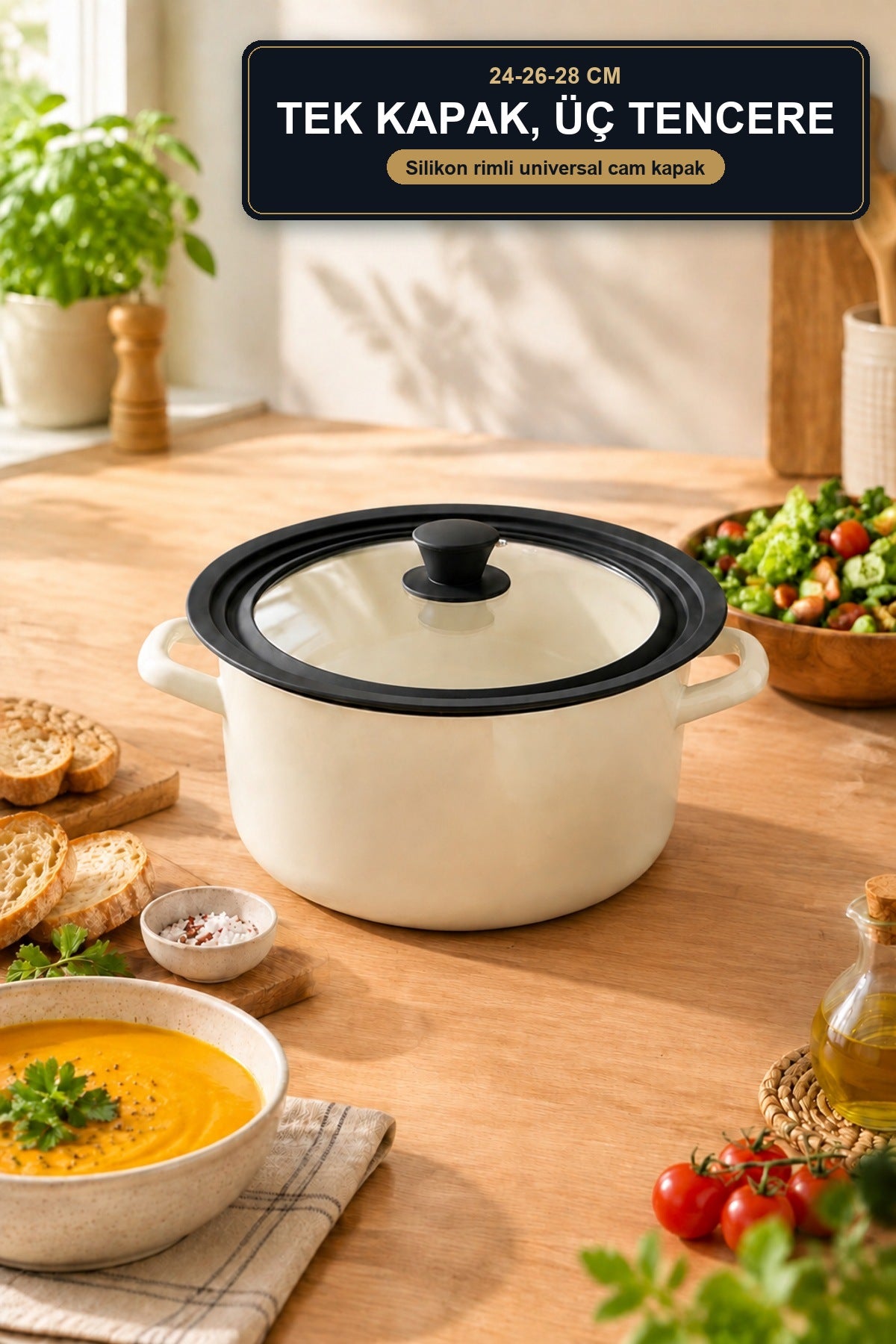 Silikon Rimli Universal Tencere Kapağı 24-26-28 cm Cam Kapak Tek Kapak Siyah