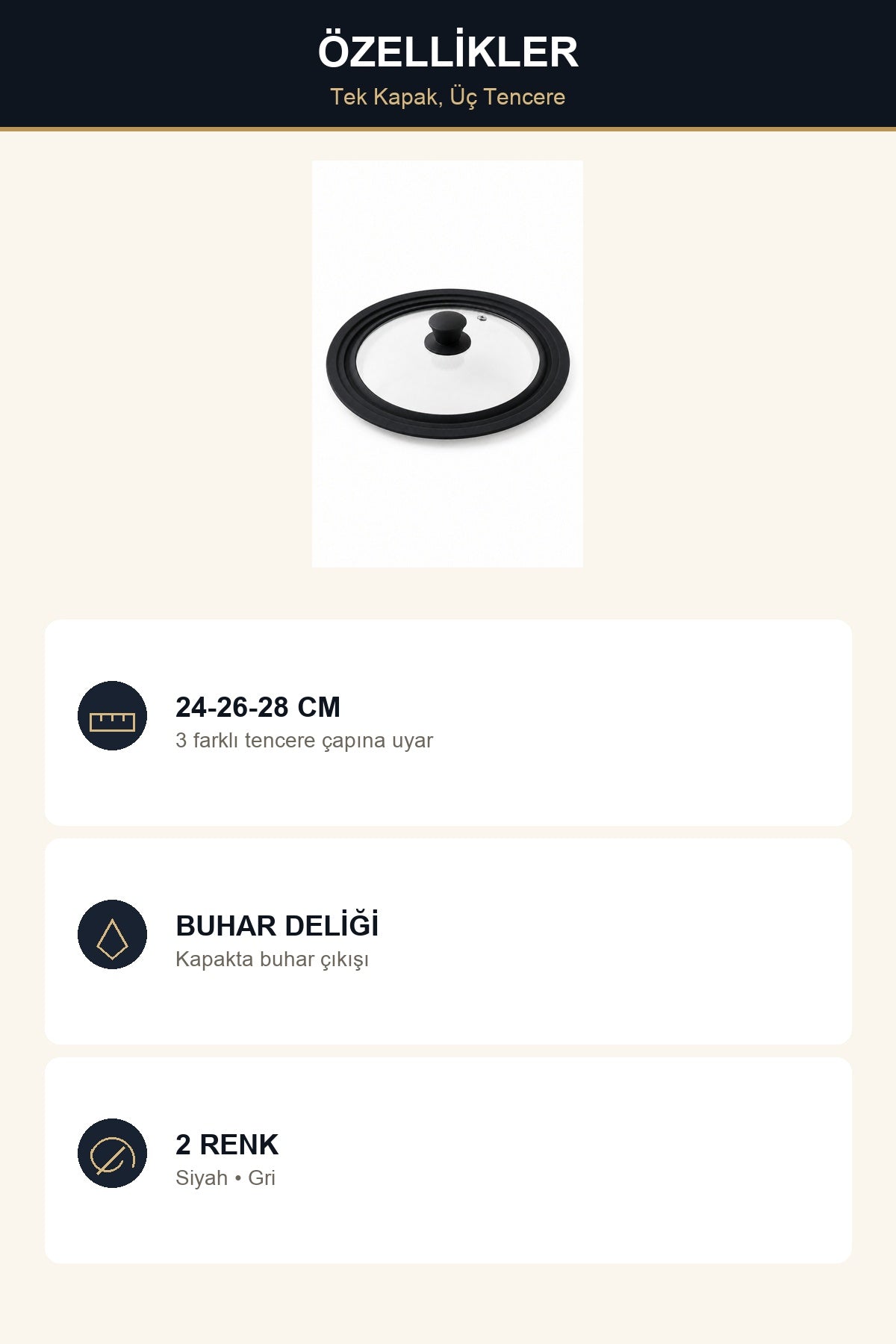 Silikon Rimli Universal Tencere Kapağı 24-26-28 cm Cam Kapak Tek Kapak Siyah