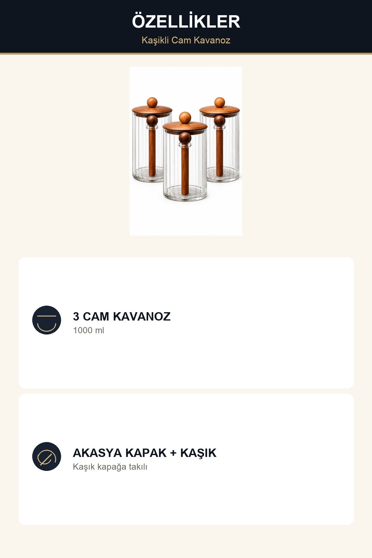 3'lü Kaşıklı Cam Kavanoz Seti 1000 ml Akasya Kapaklı Kahve Şeker Bahar