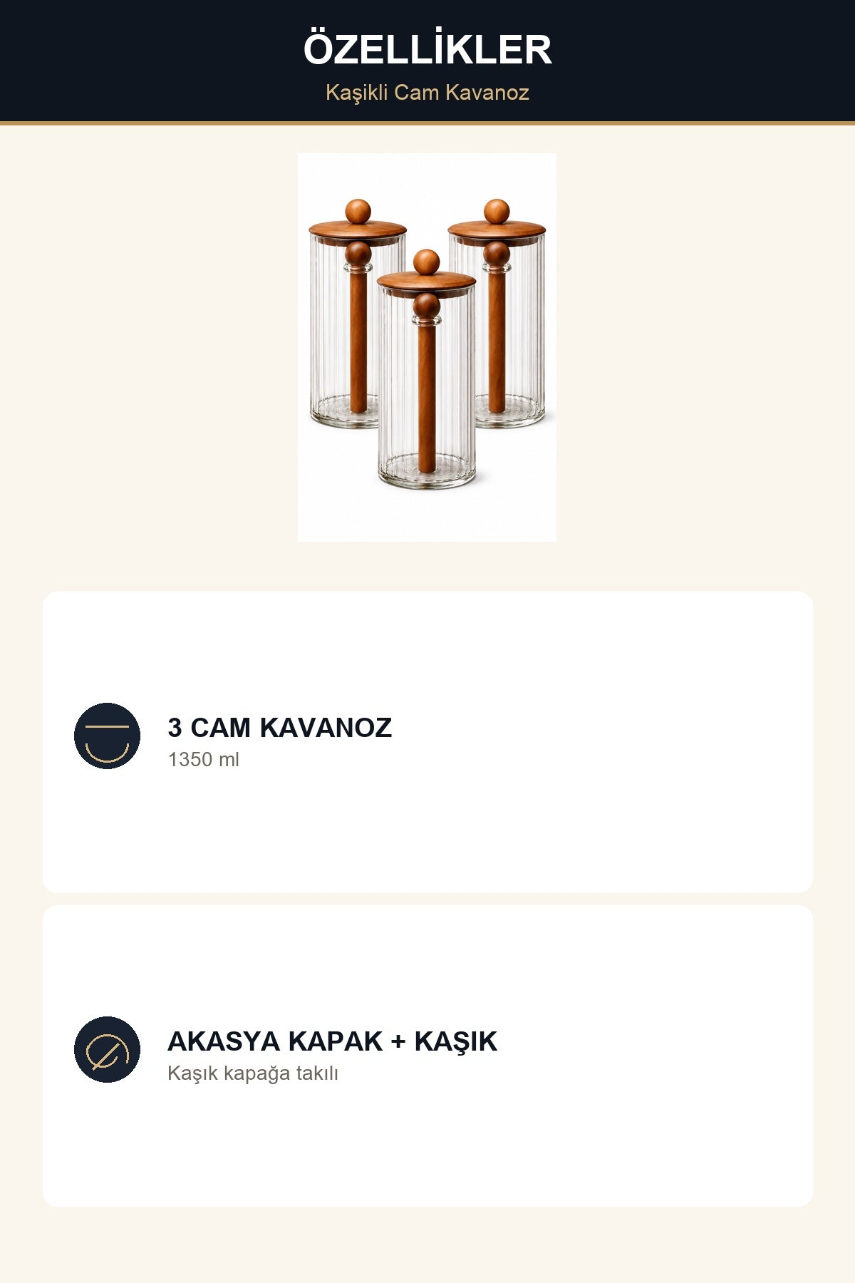 3'lü Kaşıklı Cam Kavanoz Seti 1350 ml Akasya Kapaklı Kahve Şeker Bahar