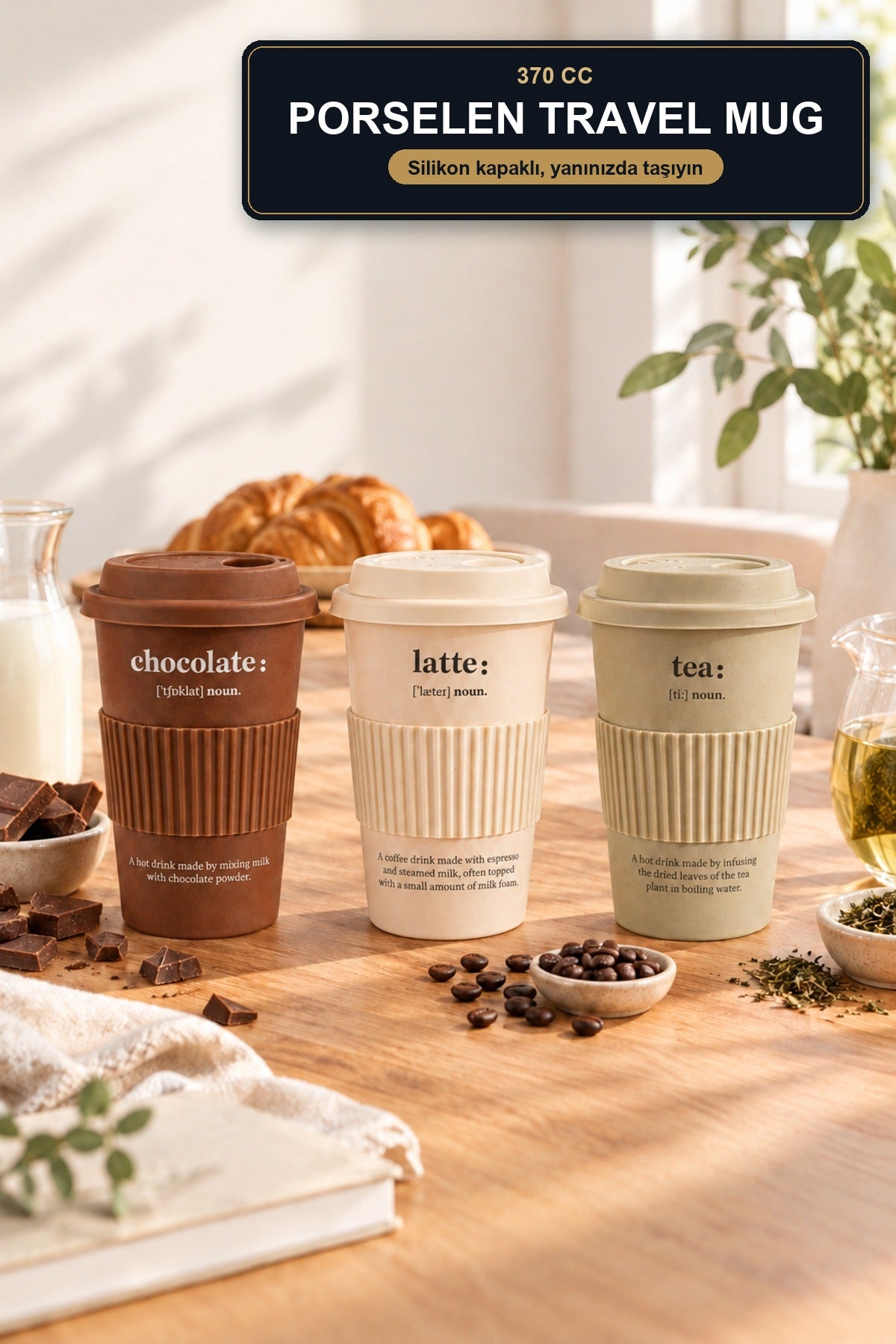 Lungo Porselen Travel Mug 370 cc Silikon Kapaklı Kahve Termos Bardak Y Tea (Gri Yeşil)