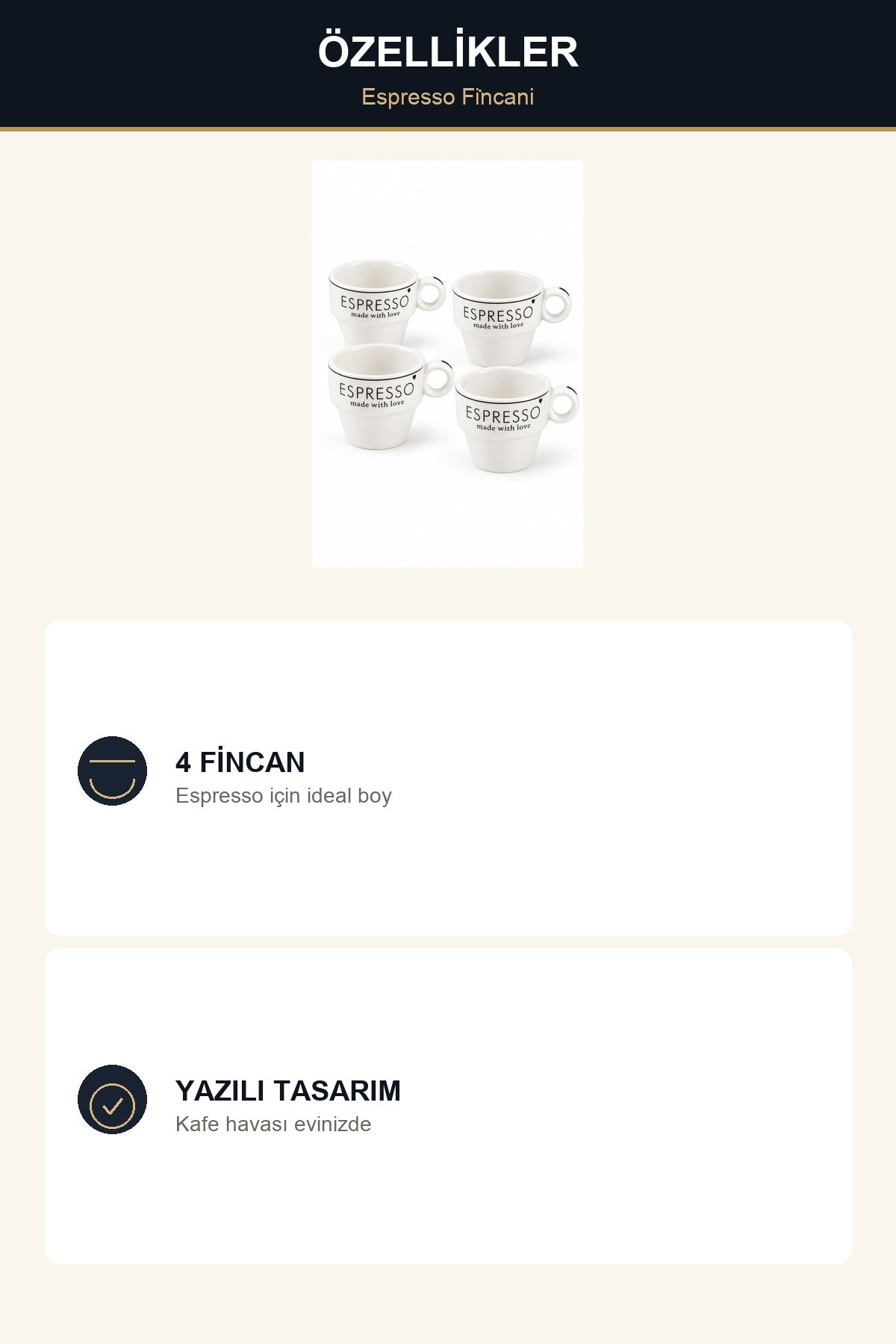 Mood 4'lü Espresso Fincanı Seti Yazılı Beyaz Kahve Fincanı