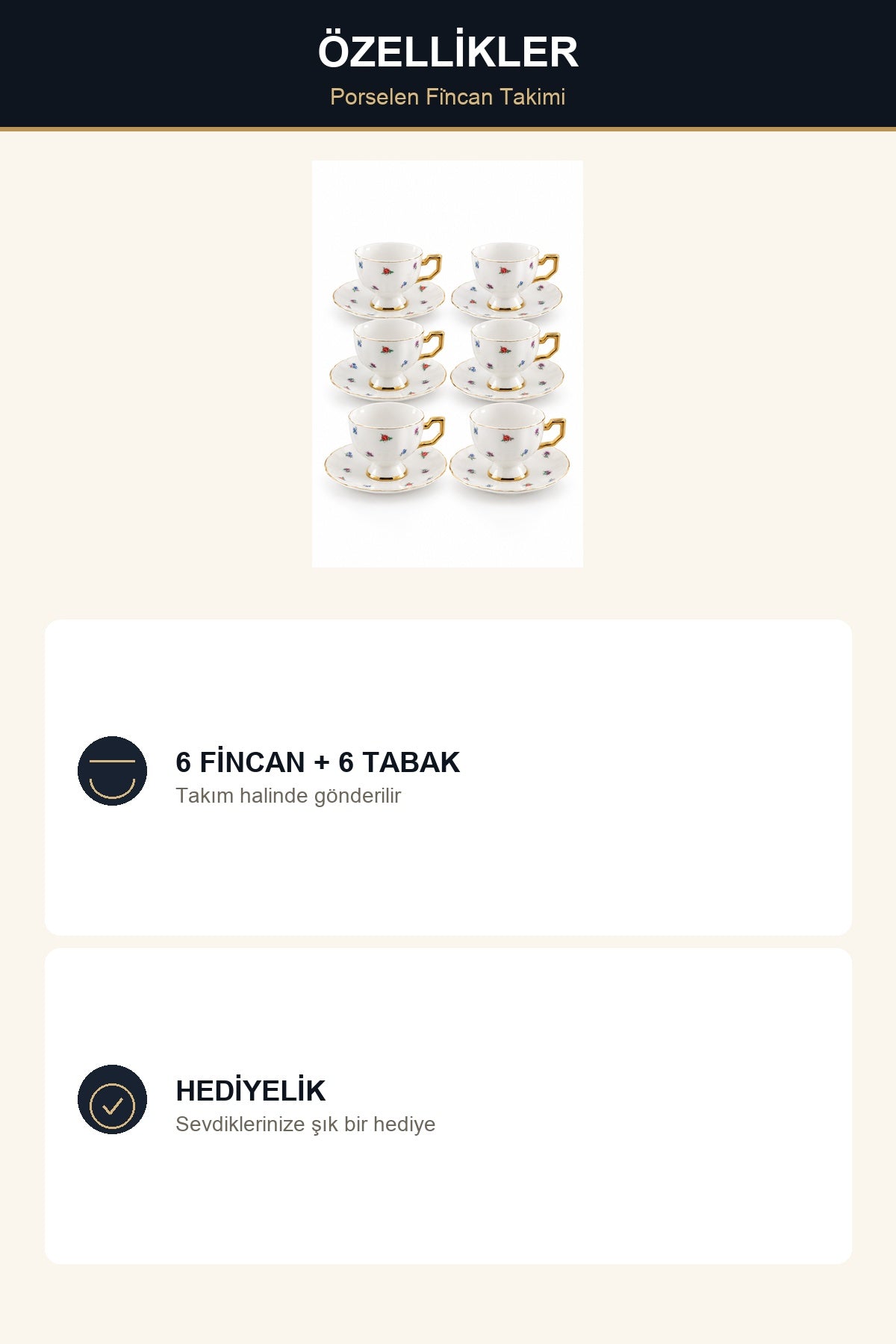 ViraCasa 6 Kişilik Porselen Kahve Fincan Takımı Çiçek Desenli Gold Kulplu Türk K