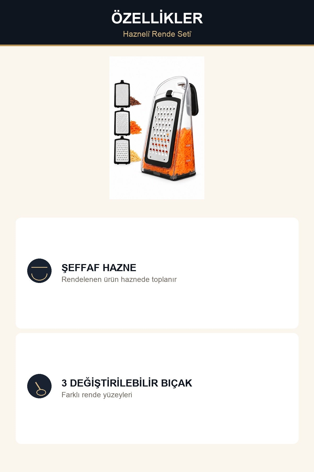 Hazneli Rende Seti Değiştirilebilir 3 Bıçaklı Saklama Kaplı Sebze Peyn