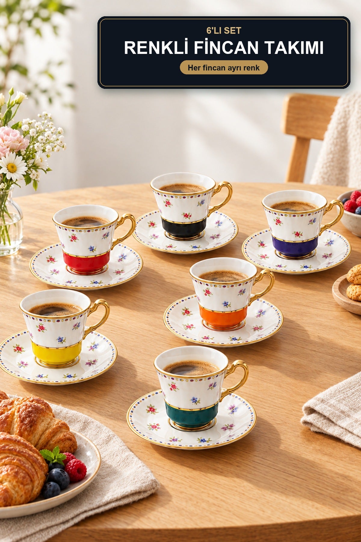 ViraCasa 6'lı Kahve Fincan Seti Renkli Desenli Türk Kahvesi Fincanı