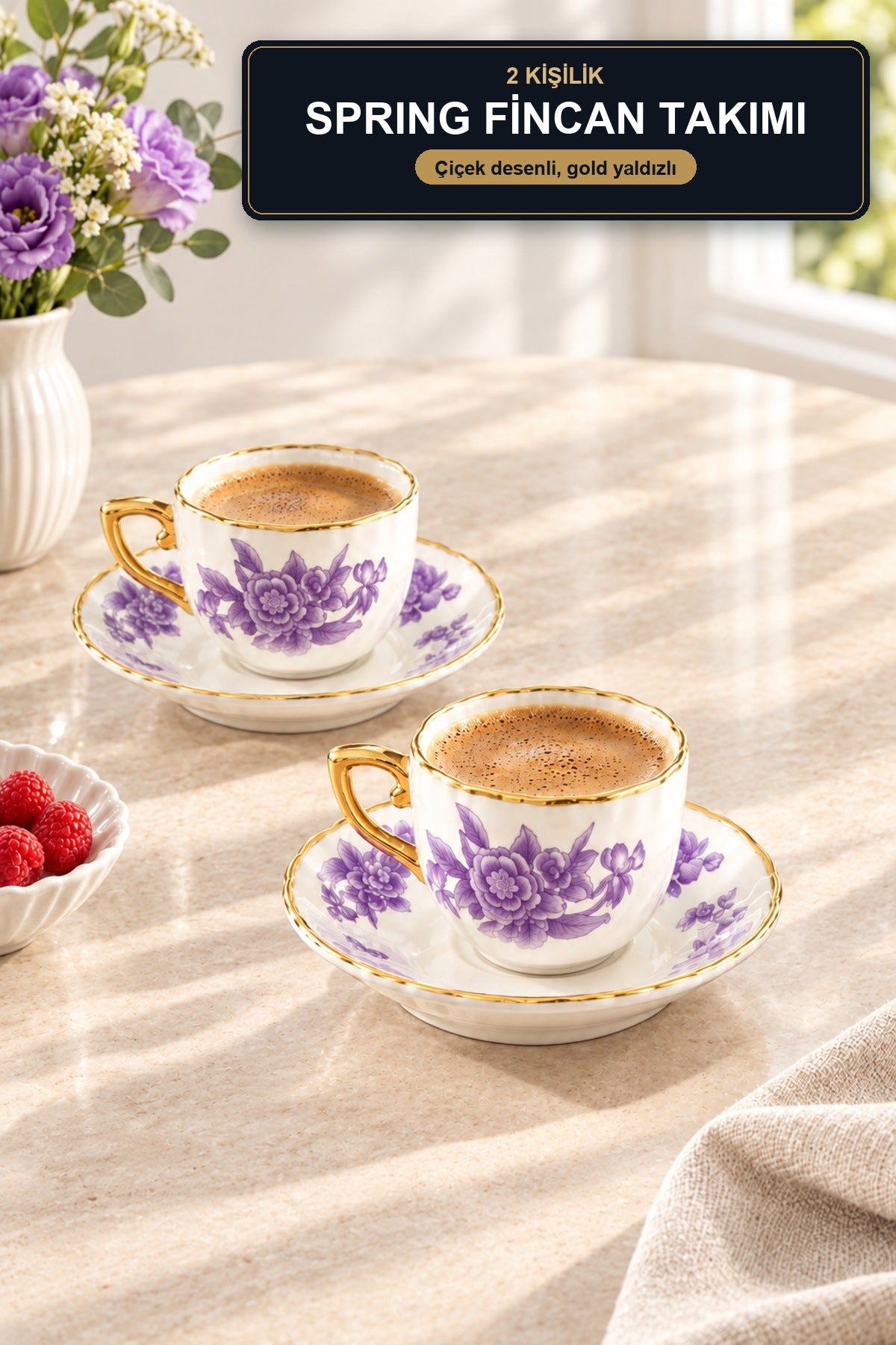 ViraCasa Spring 2 Kişilik Kahve Fincan Takımı Çiçek Desenli Gold Yaldızlı Türk K