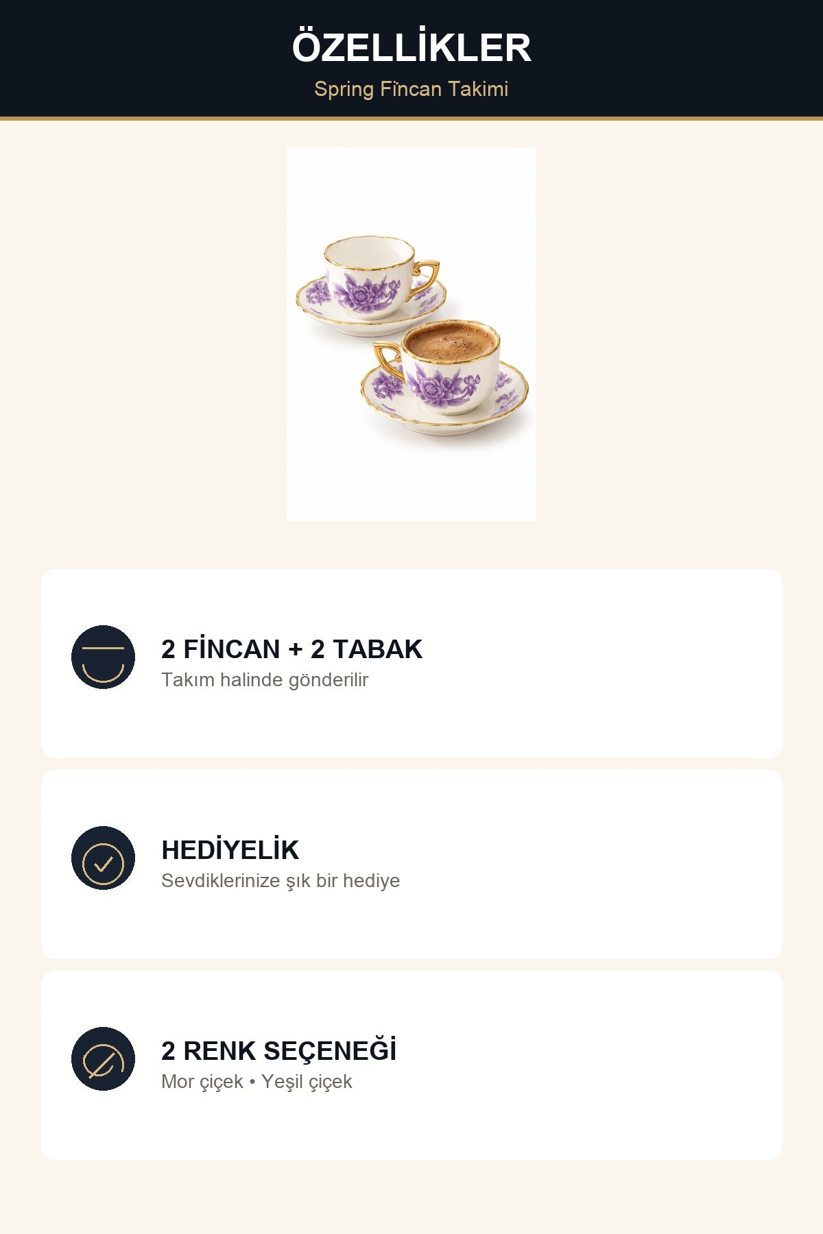 ViraCasa Spring 2 Kişilik Kahve Fincan Takımı Çiçek Desenli Gold Yaldızlı Türk K