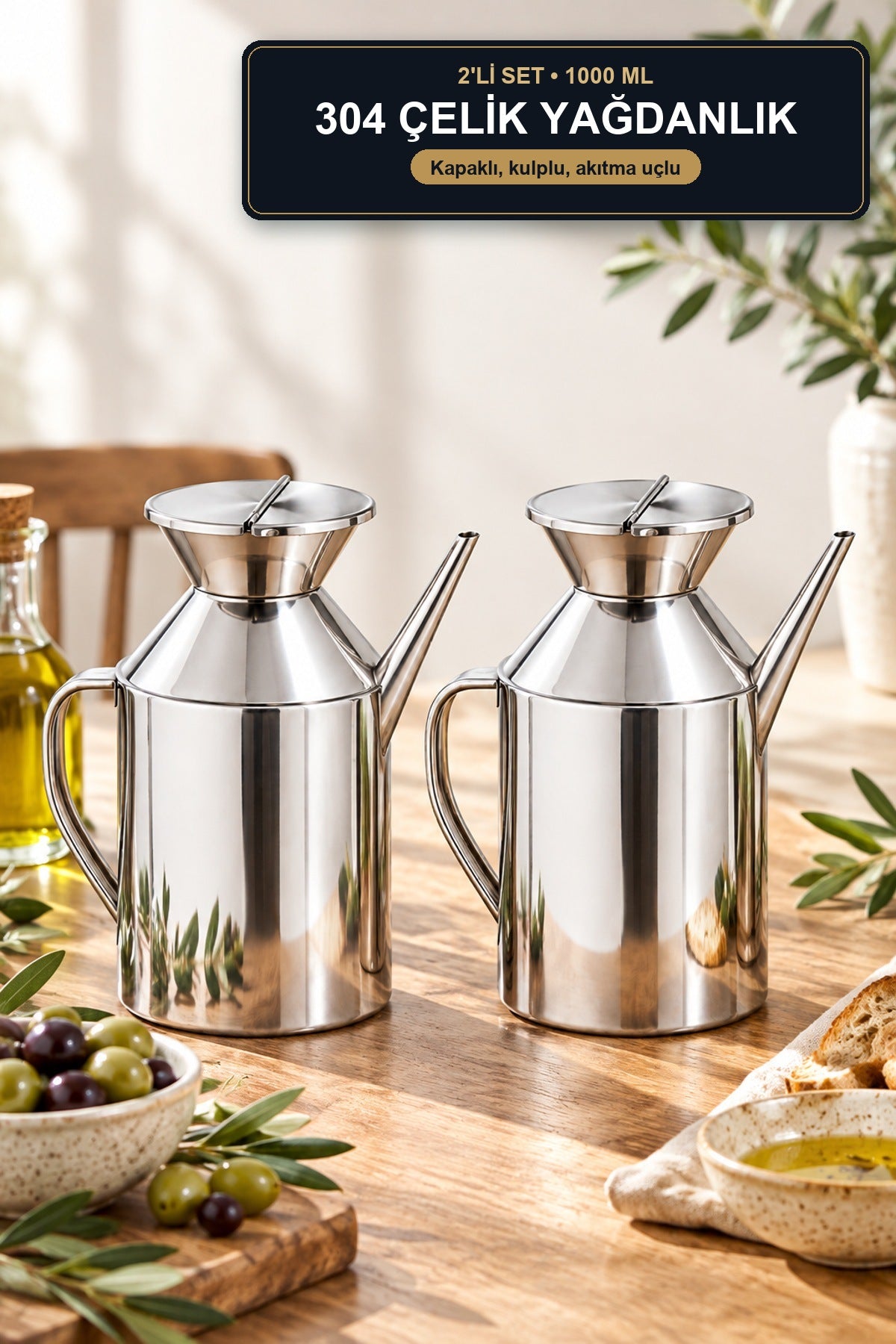 2'li 304 Paslanmaz Çelik Yağdanlık Seti 1000 ml Kapaklı Yağ Kabı