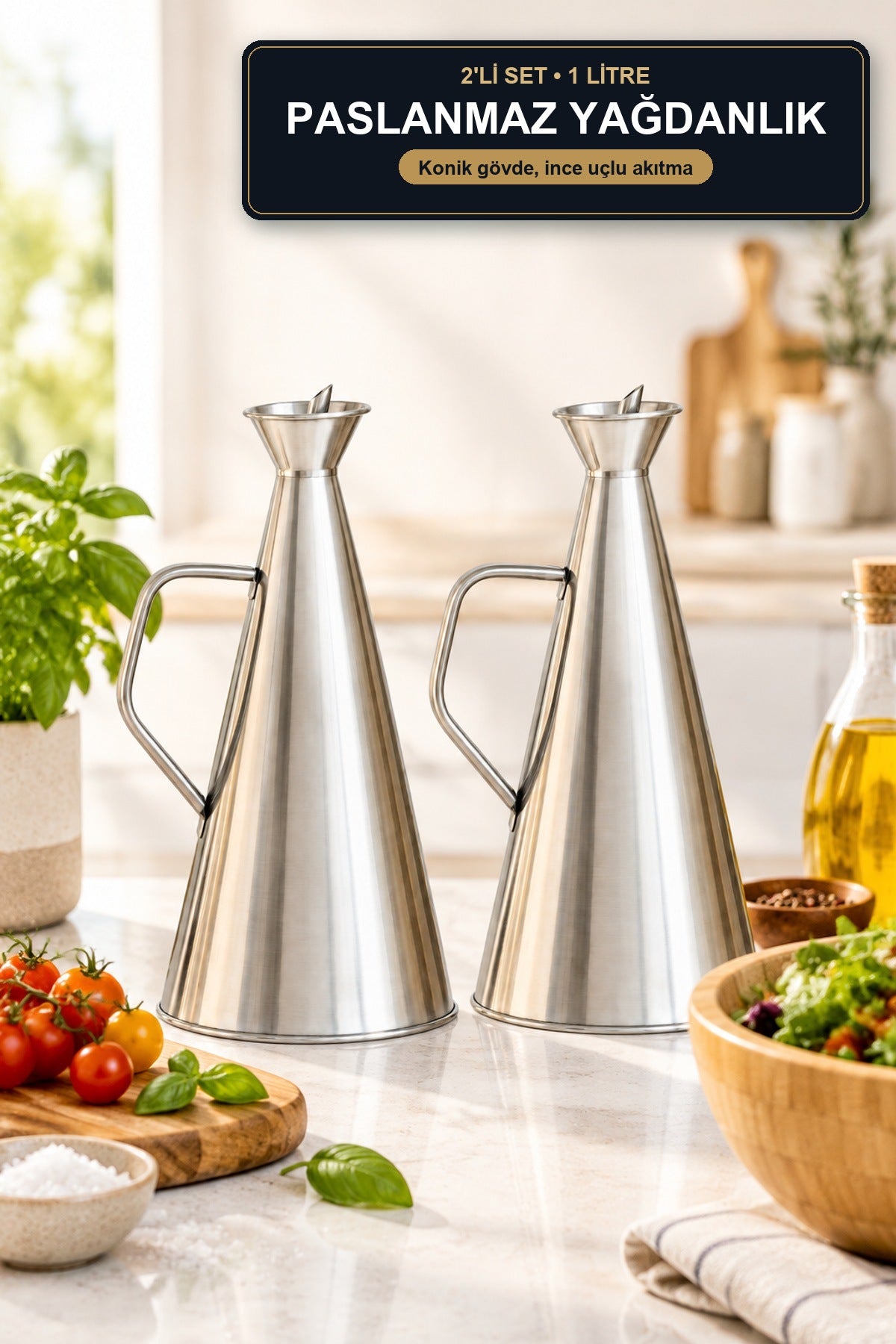 2'li Paslanmaz Çelik Yağdanlık Seti 1 Litre Konik Zeytinyağı Şişesi