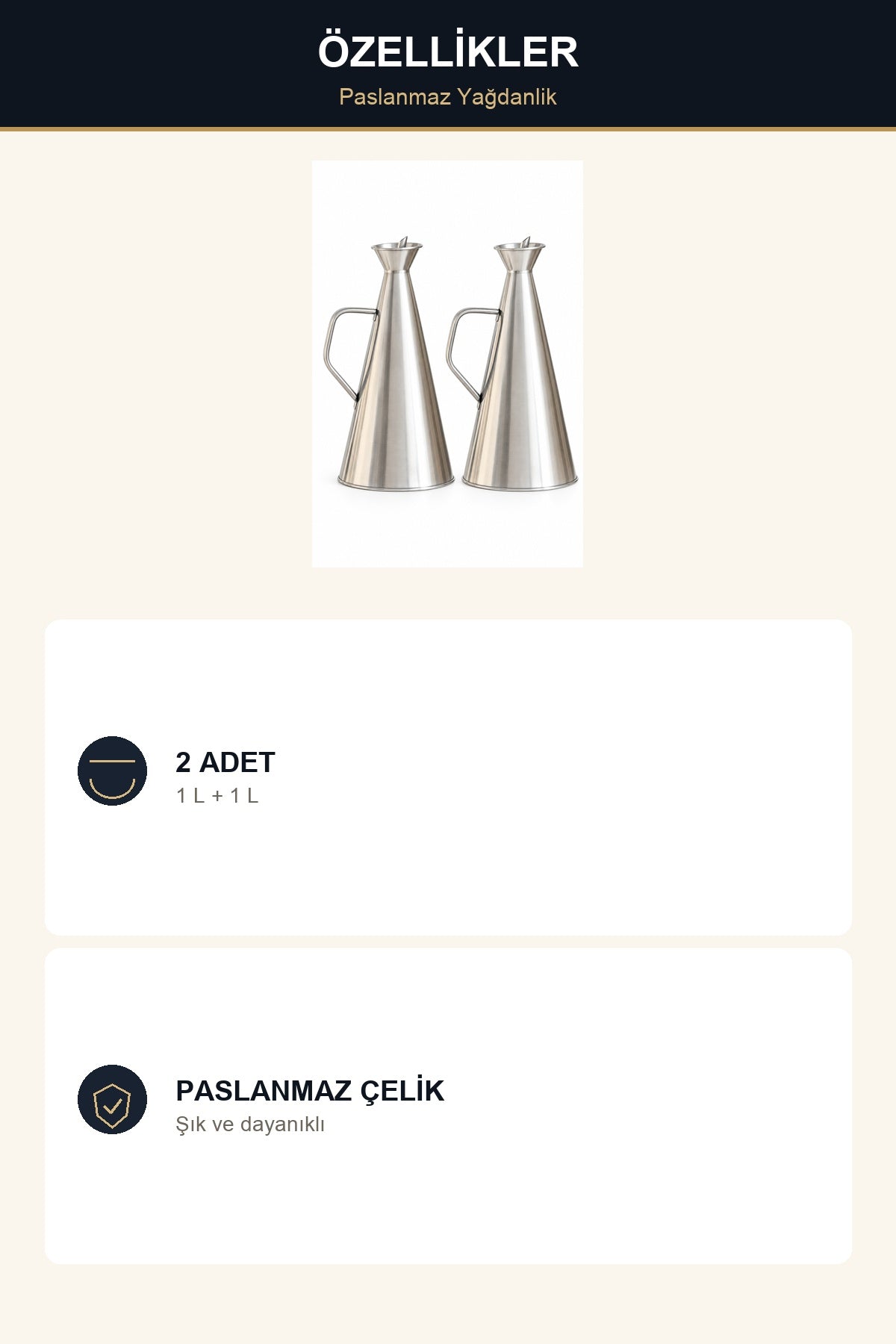2'li Paslanmaz Çelik Yağdanlık Seti 1 Litre Konik Zeytinyağı Şişesi