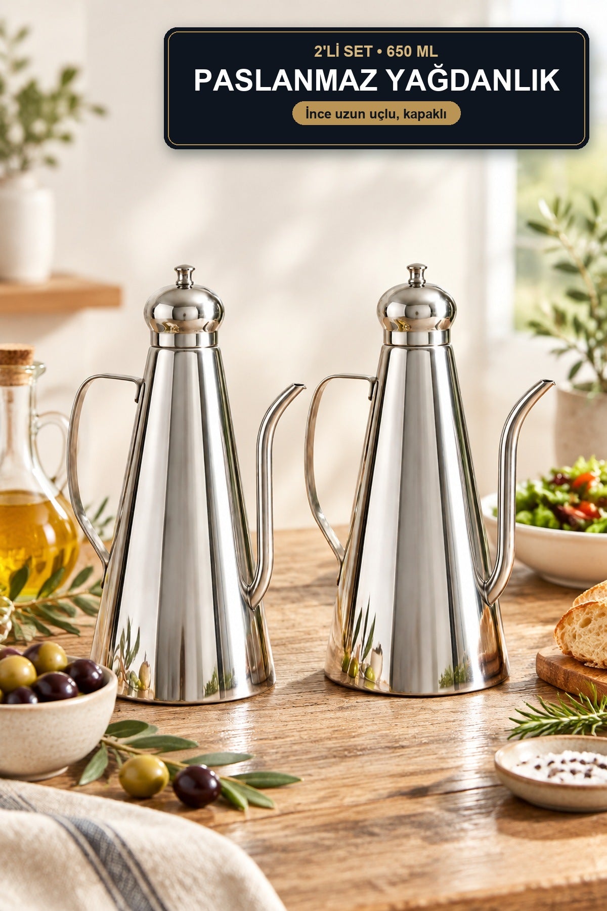 2'li Paslanmaz Çelik Yağdanlık Seti 650 ml İnce Uçlu Zeytinyağı Şişesi