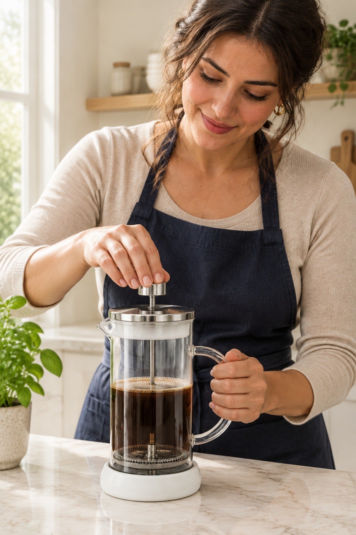French Press 350 ml Cam Kahve ve Çay Demleme Beyaz