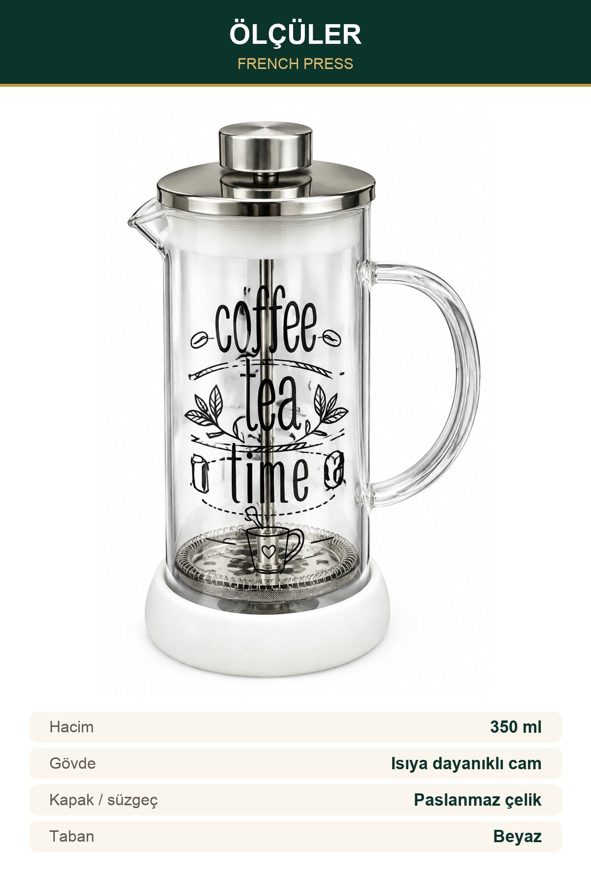 French Press 350 ml Cam Kahve ve Çay Demleme Beyaz