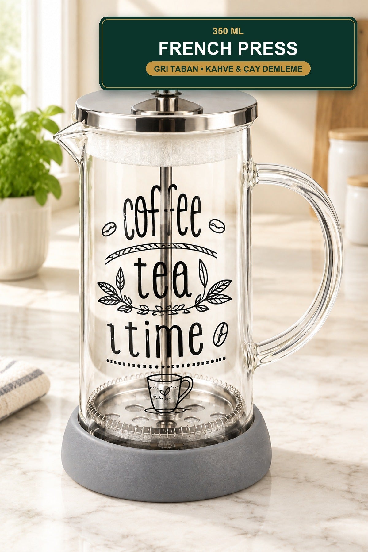 French Press 350 ml Cam Kahve ve Çay Demleme Gri