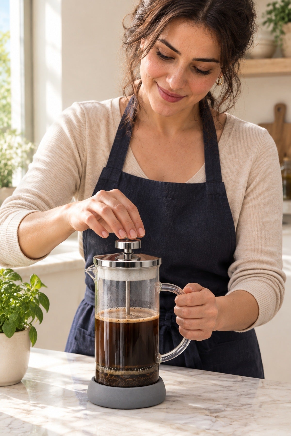 French Press 350 ml Cam Kahve ve Çay Demleme Gri