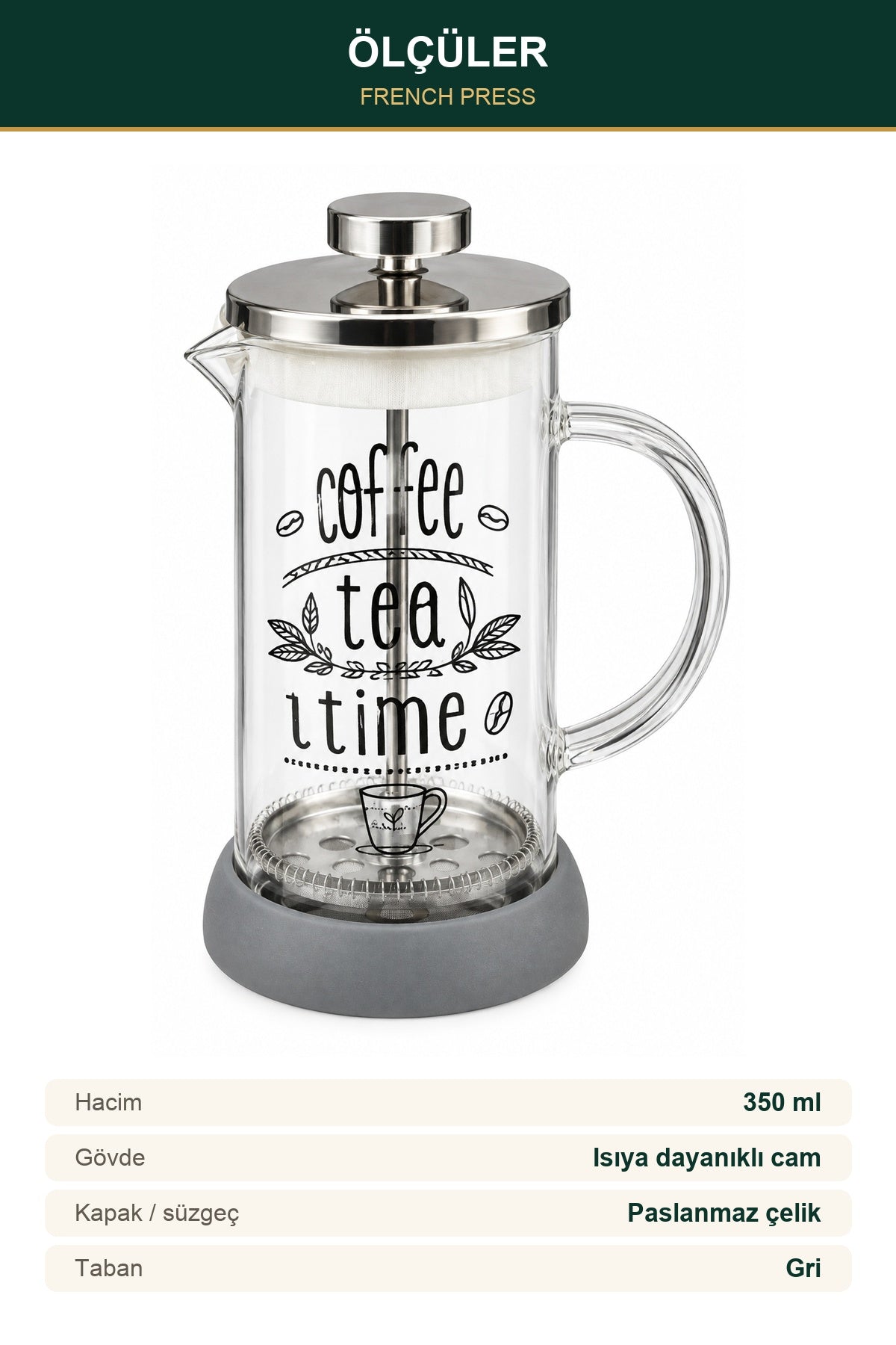 French Press 350 ml Cam Kahve ve Çay Demleme Gri