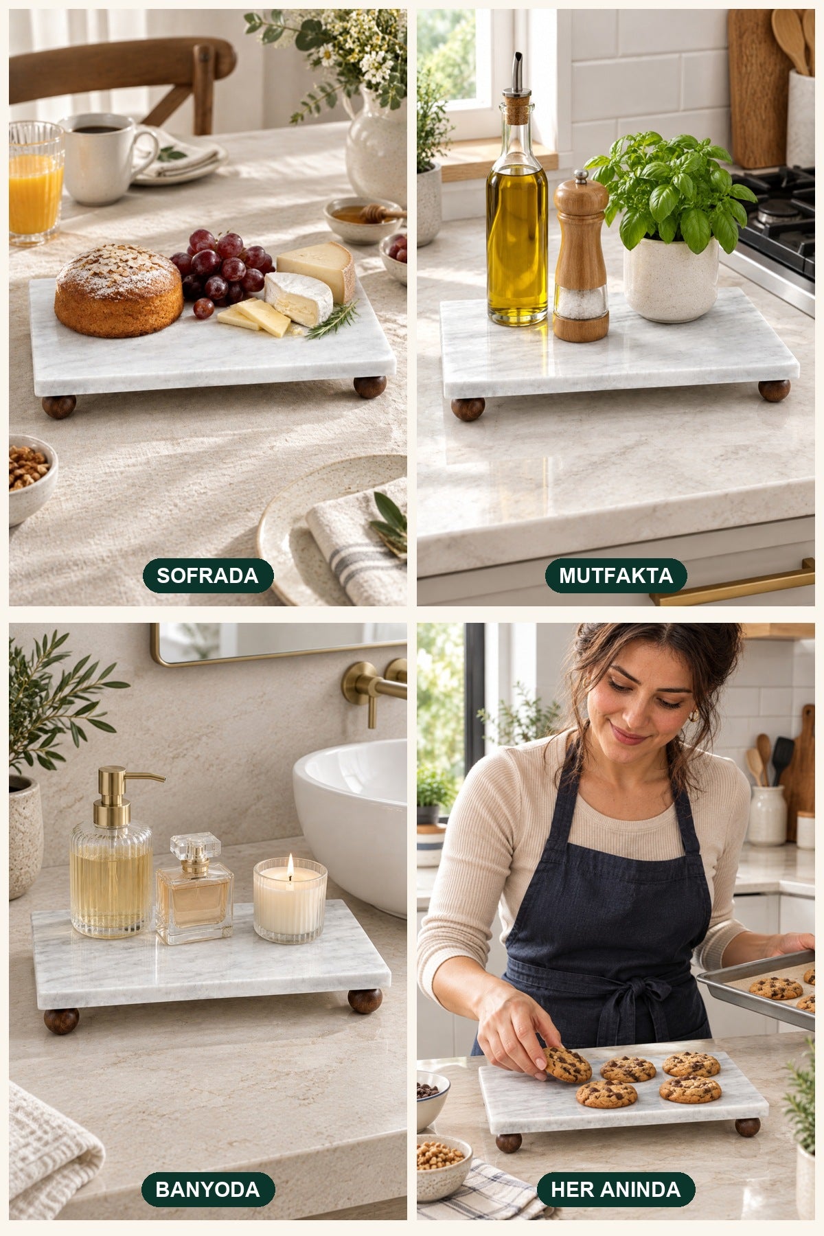 Doğal Mermer Tepsi 15x30 cm Ahşap Ayaklı Dikdörtgen Sunumluk Yağlık Sa