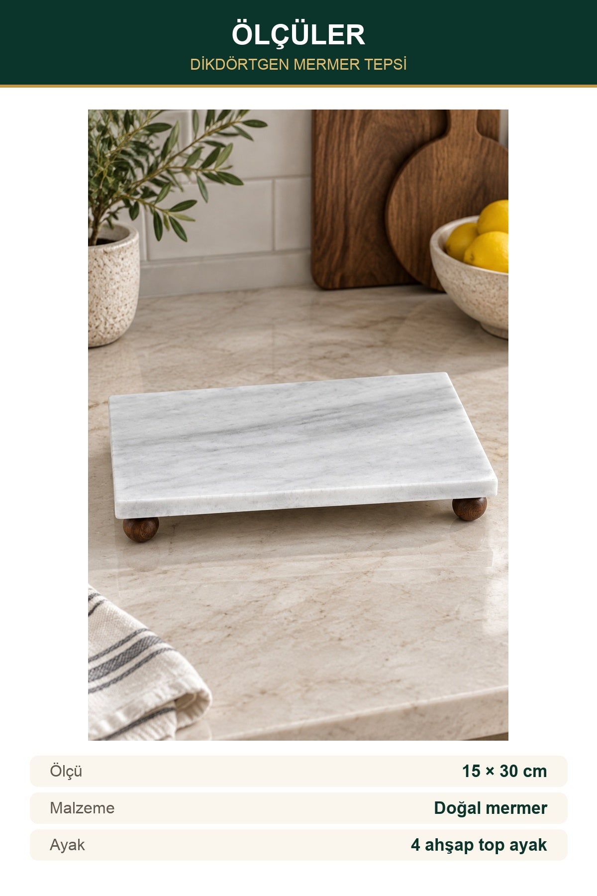 Doğal Mermer Tepsi 15x30 cm Ahşap Ayaklı Dikdörtgen Sunumluk Yağlık Sa