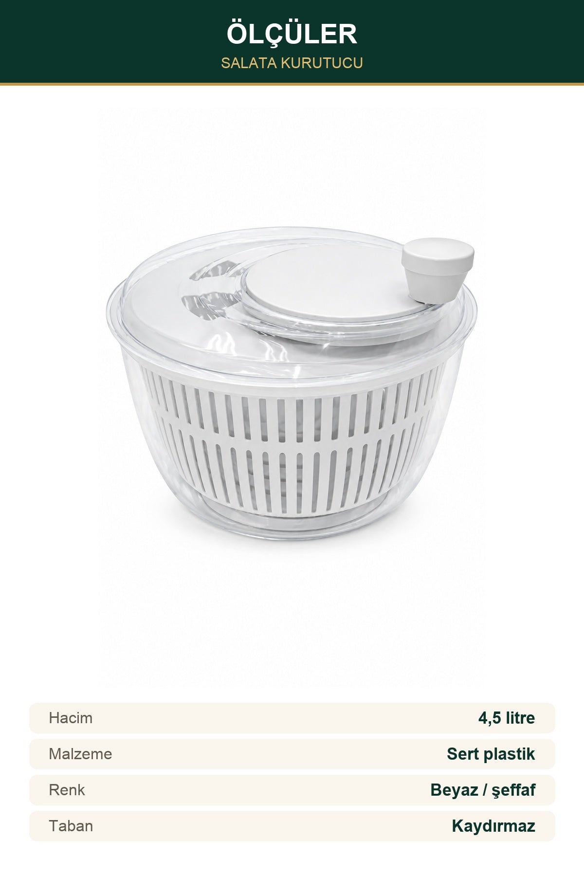 Salata Kurutucu 4,5 Litre Manuel Çevirmeli Sebze Yeşillik Kurutma ve S