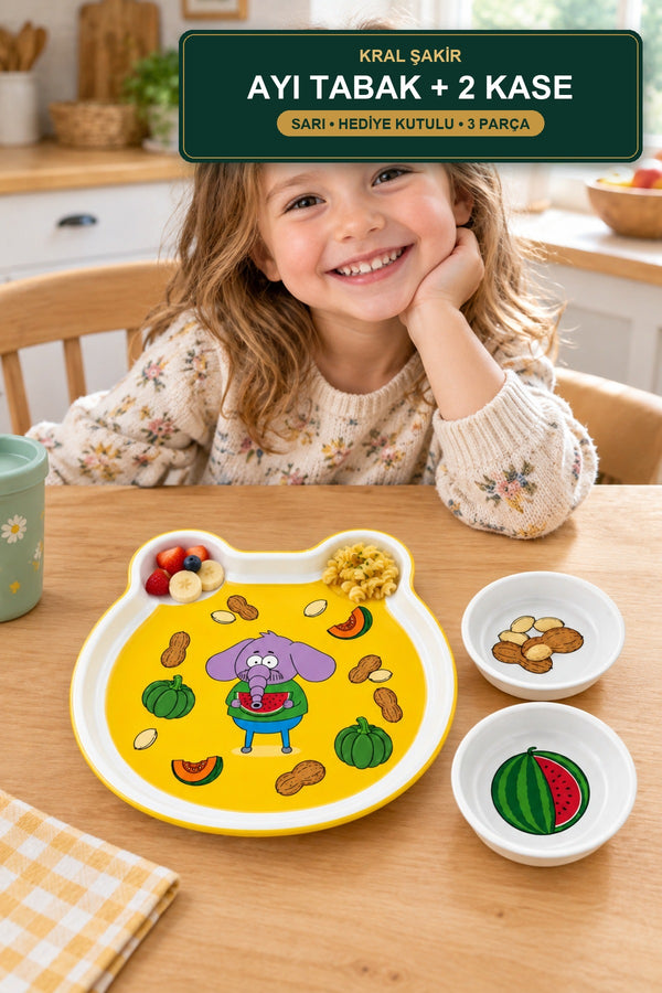 Kral Şakir Ayı Plate and 2 Bowl Set Yellow Melamine Children's Dining Set Gift Box BPA-Free Standart