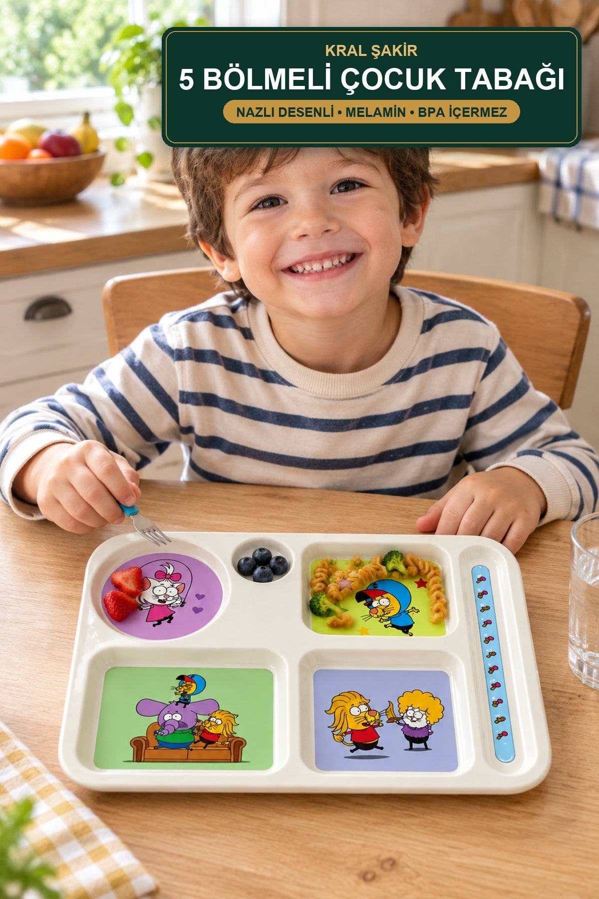 Kral Şakir 5 Bölmeli Çocuk Tabağı Melamin Nazlı Desenli