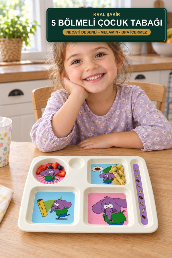 King Shakir 5-Compartment Children's Plate Melamine - Licensed Character Design with Spoon Slot Necati Desenli