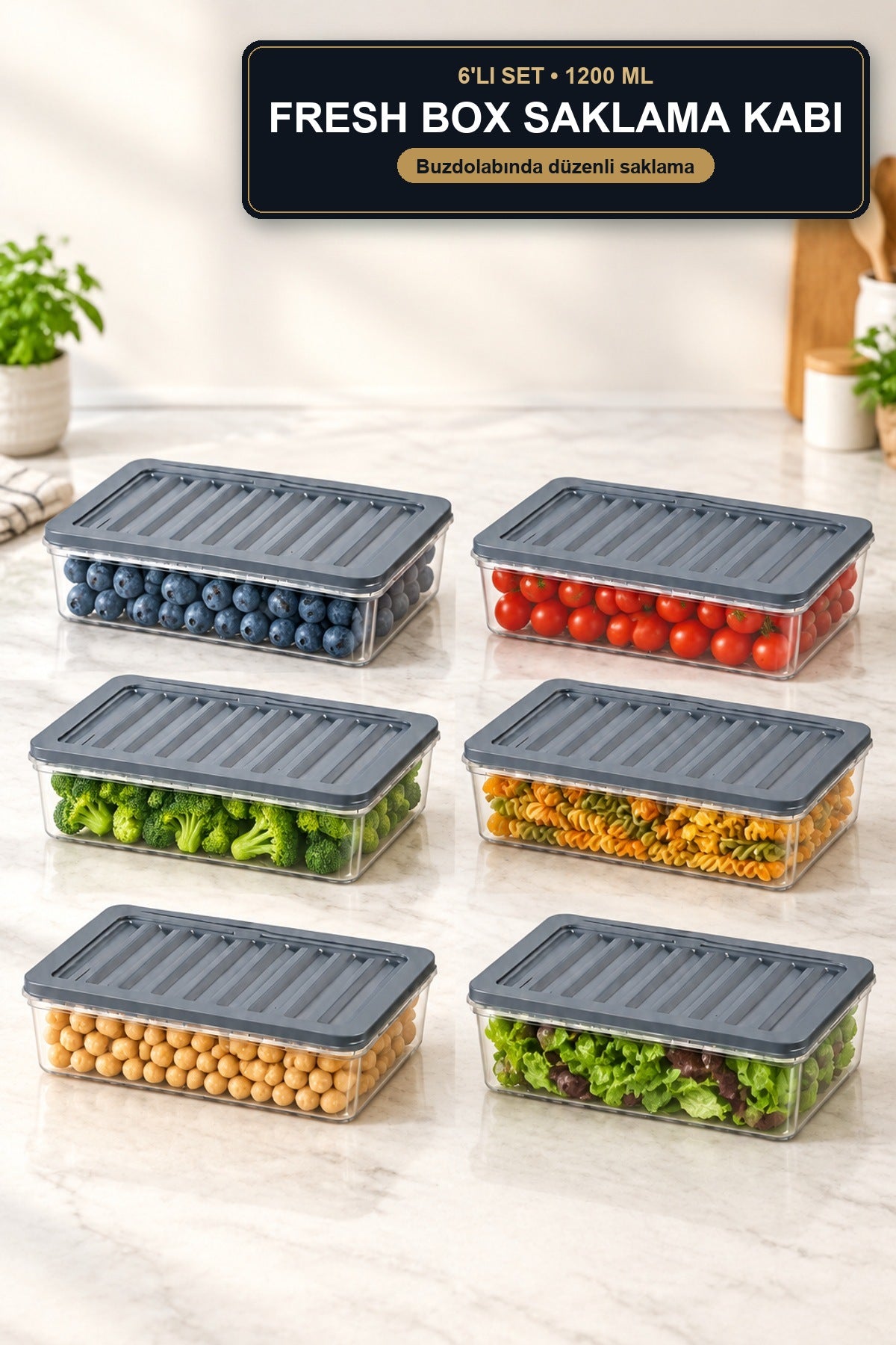 6'lı Fresh Box Saklama Kabı 1200 ml Dikdörtgen Kapaklı Buzdolabı Düzen